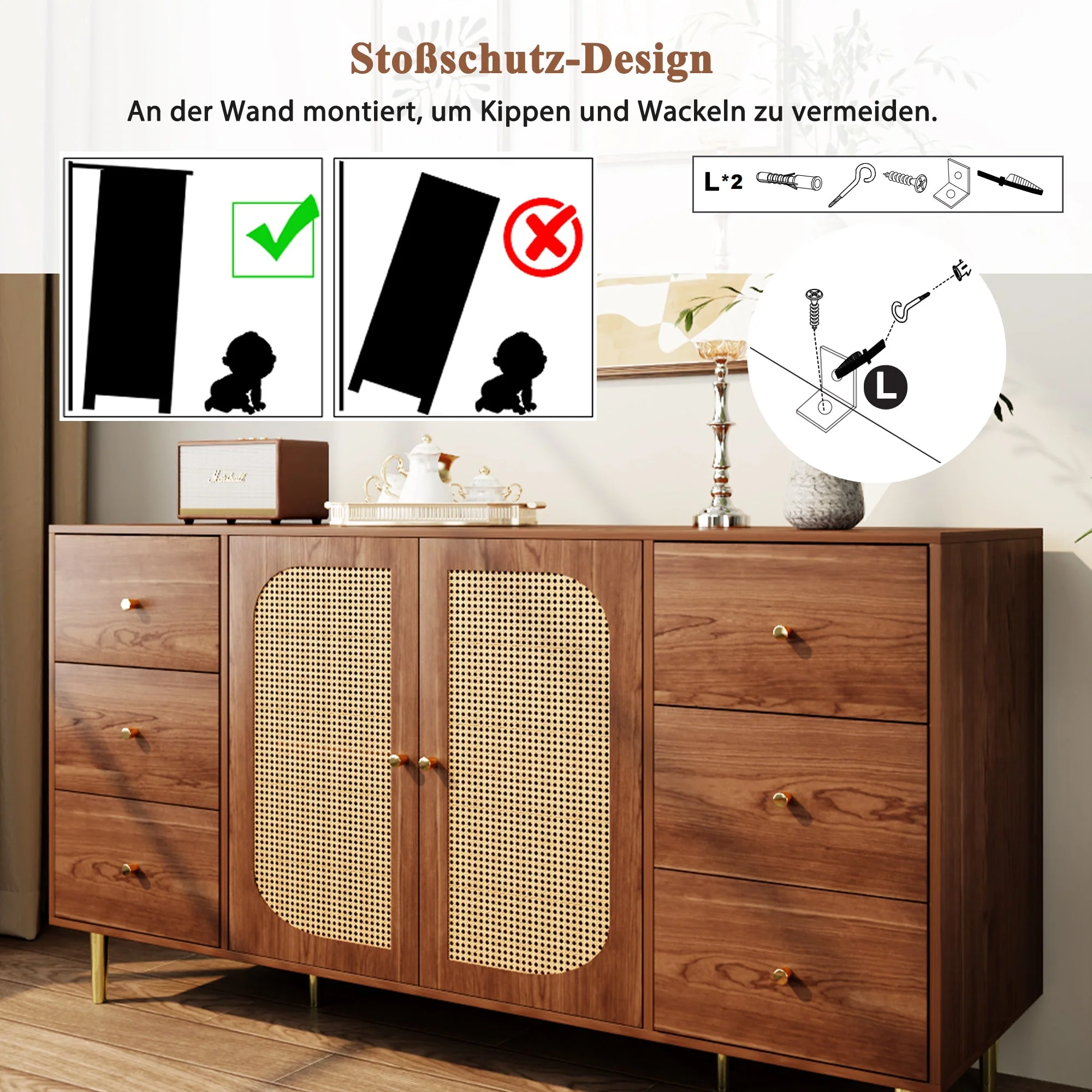 Rattan Sideboard Storage Cabinet with Drawer 160x40x90cm Brown Wood - Image 9