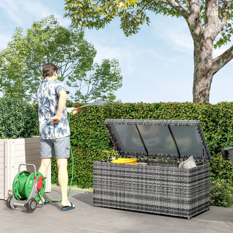 Rattan Storage Box 380L Weatherproof Cushion Box with Lid and Handle, Dark Gray