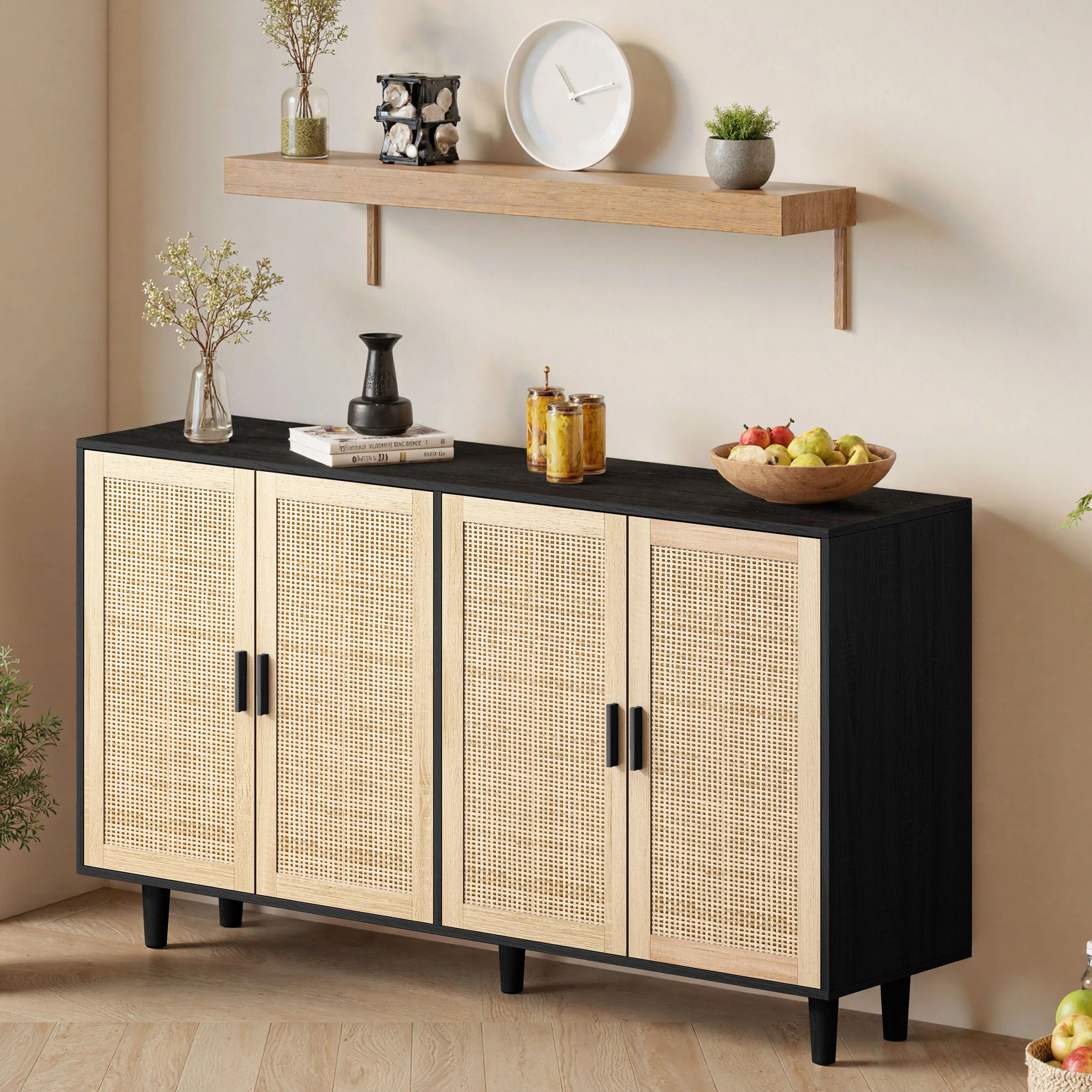 Rattan Storage Cabinet, 158cm 4-Door Decorative, Black - Image 2