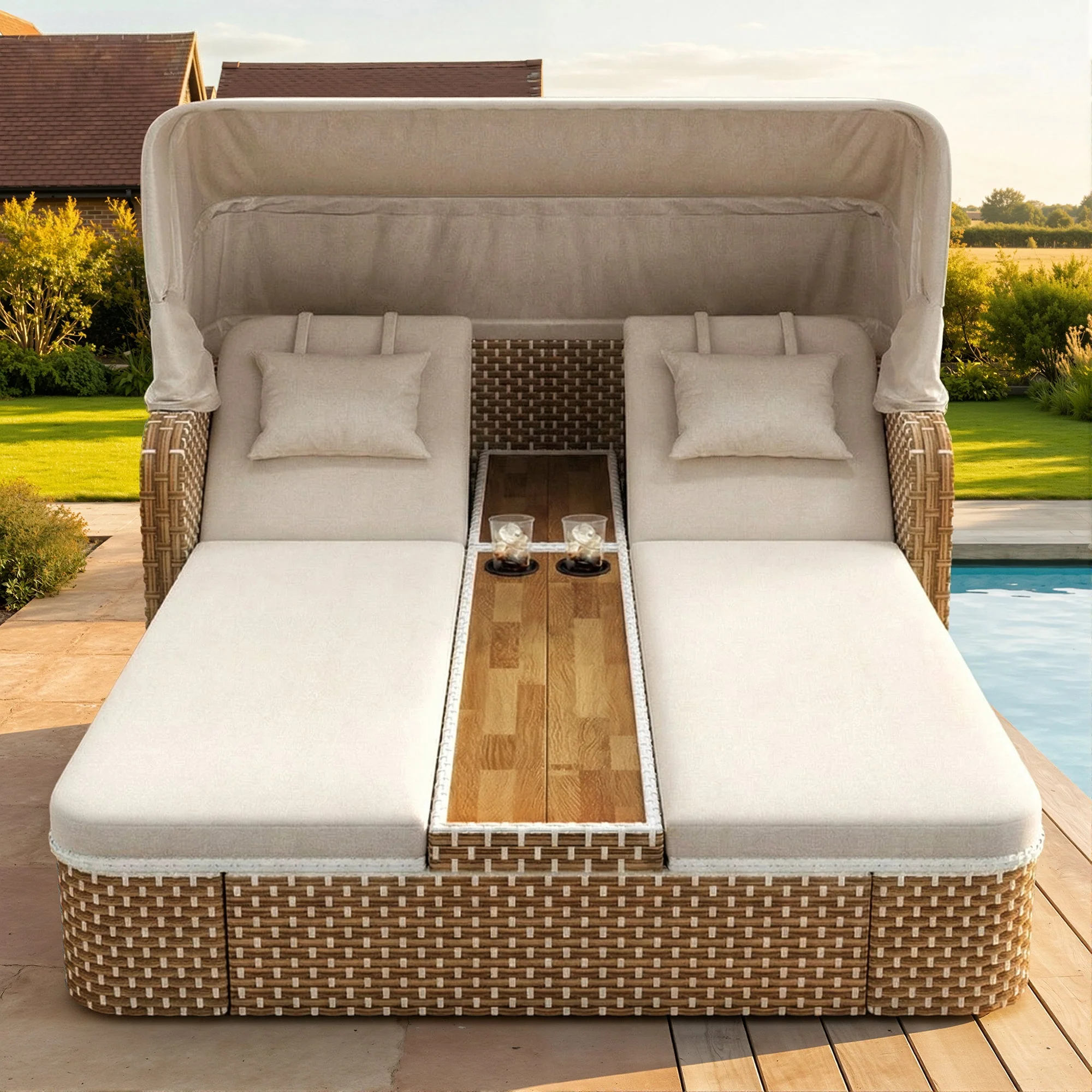 Rattan Sun Island Garden Lounger with Awning and Weatherproof Design, Beige and Grey - Image 3