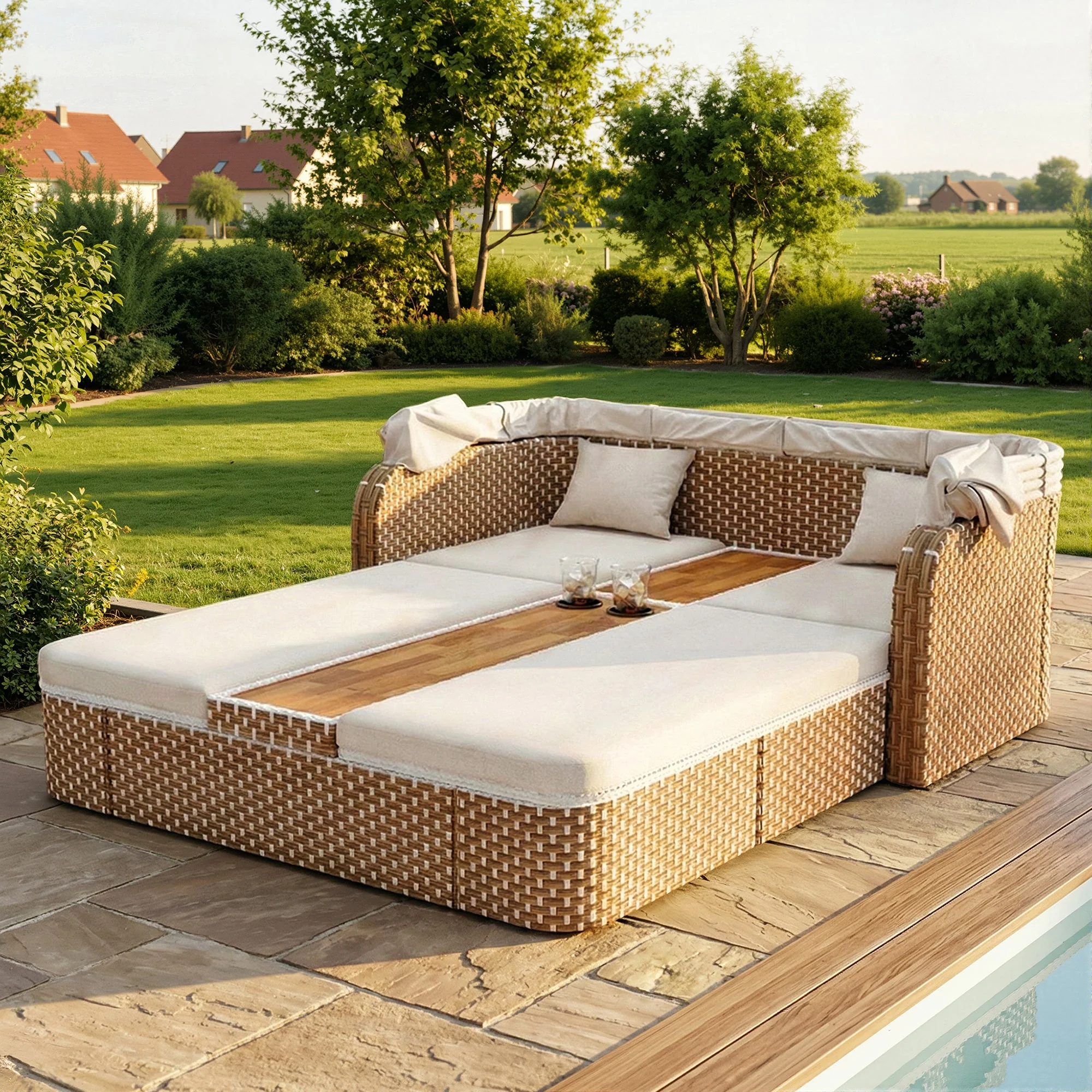 Rattan Sun Island Garden Lounger with Awning and Weatherproof Design, Beige and Grey - Image 8