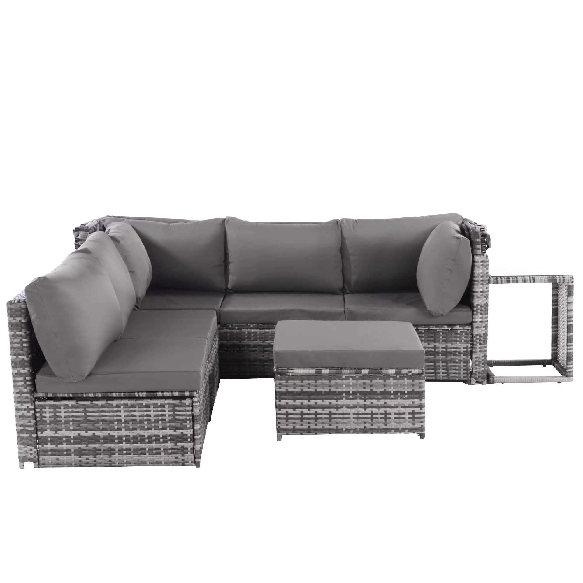 Rattan Sun Island Lounge Set - Sofa Sunshade Stool Armchairs Table - Weatherproof Grey - Image 7