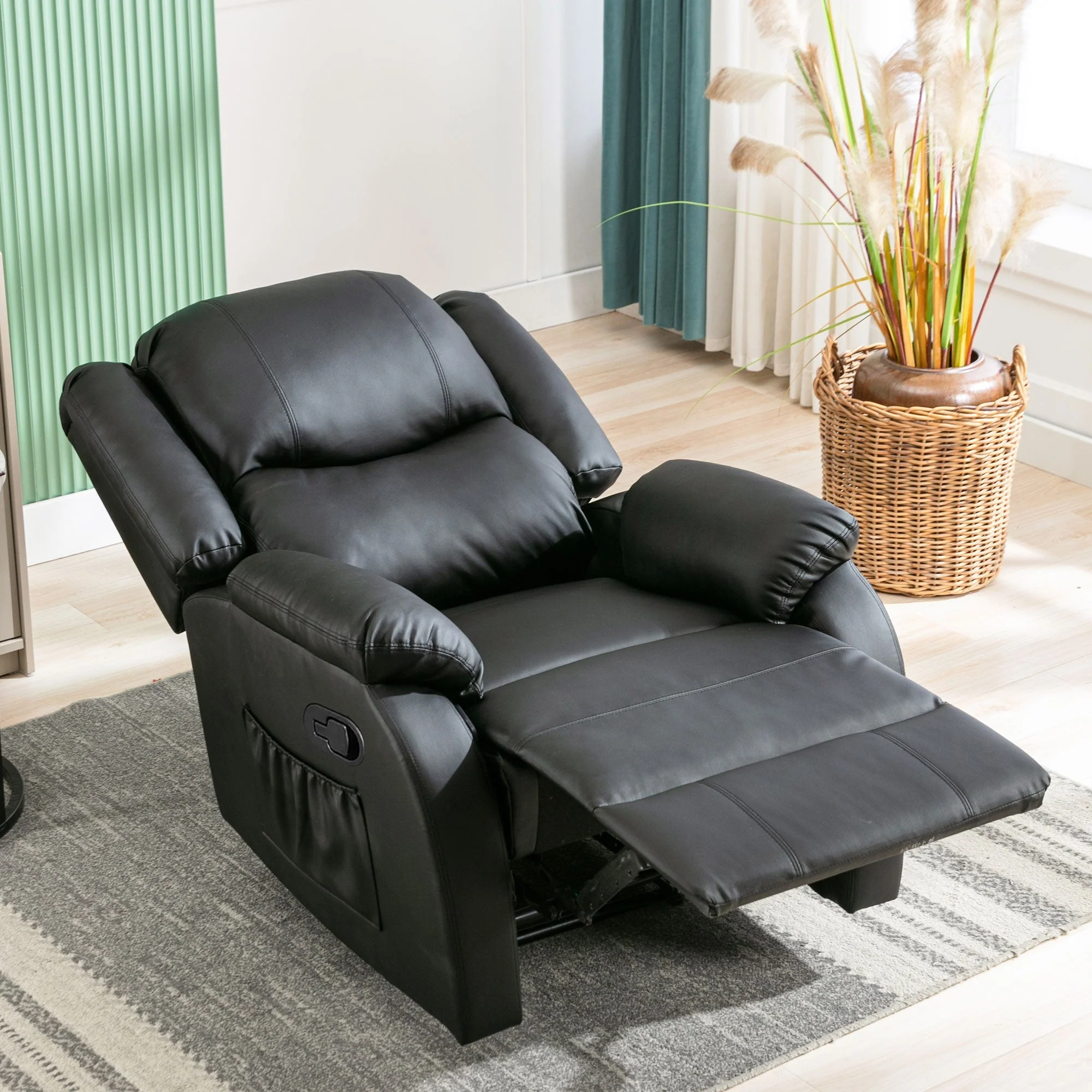 Recliner Chair, Adjustable Armchair with Side Pockets, PU Leather, Black - Image 4