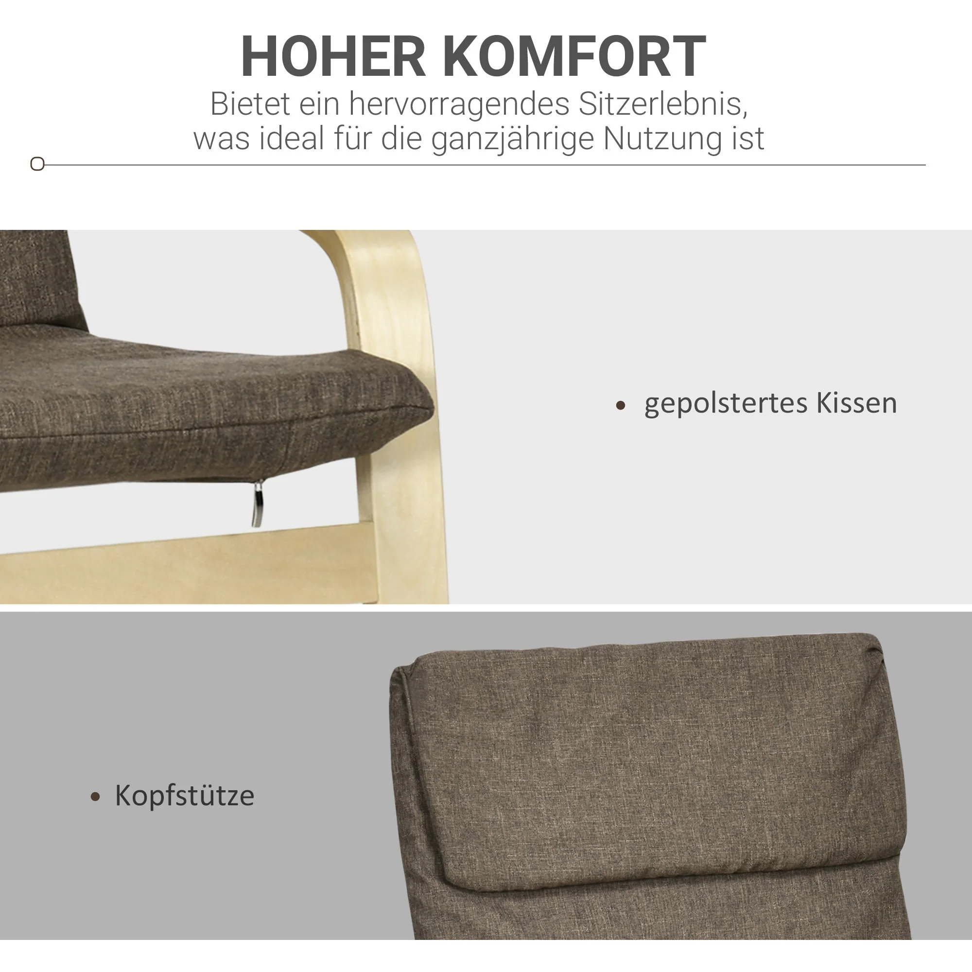 Recliner Chair, Headrest, Linen Look, Birch Wood, Brown - Image 4