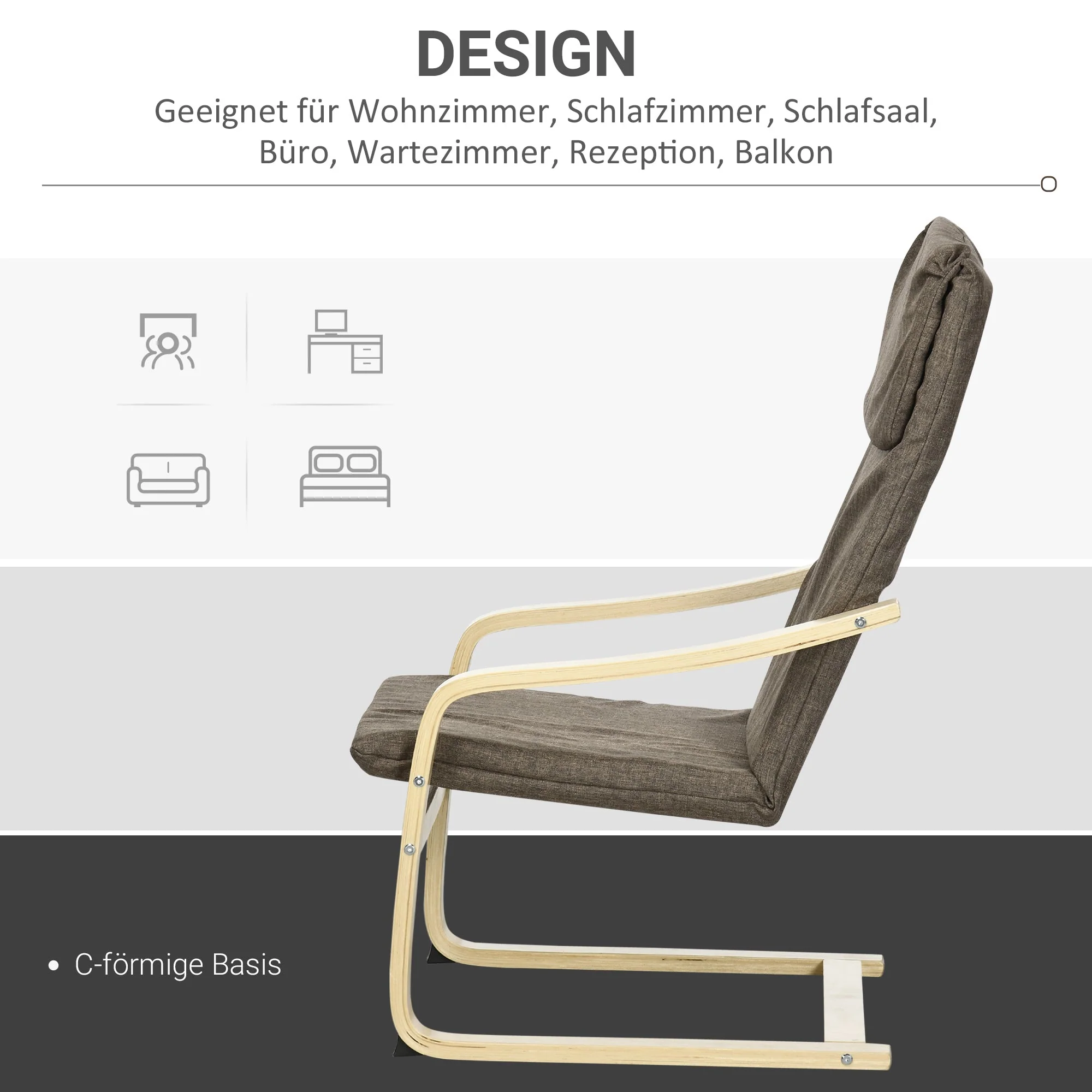 Recliner Chair, Headrest, Linen Look, Birch Wood, Brown - Image 6