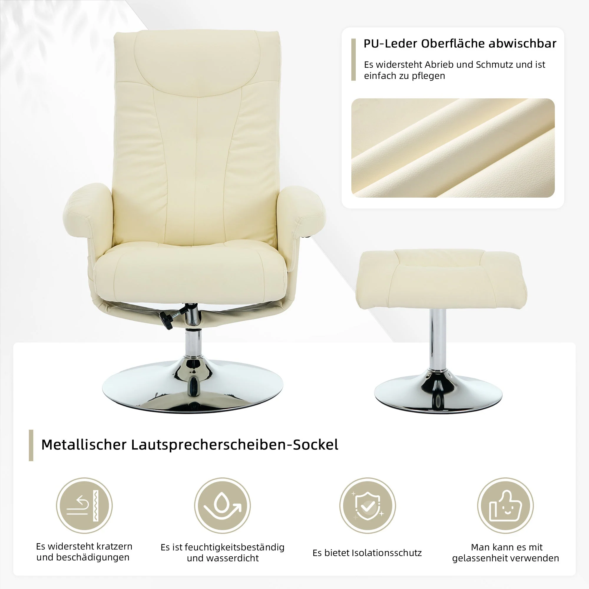 Recliner Chair with 5-Point Massage, Electric Heating, 360° Swivel, PU Fabric Beige - Image 7