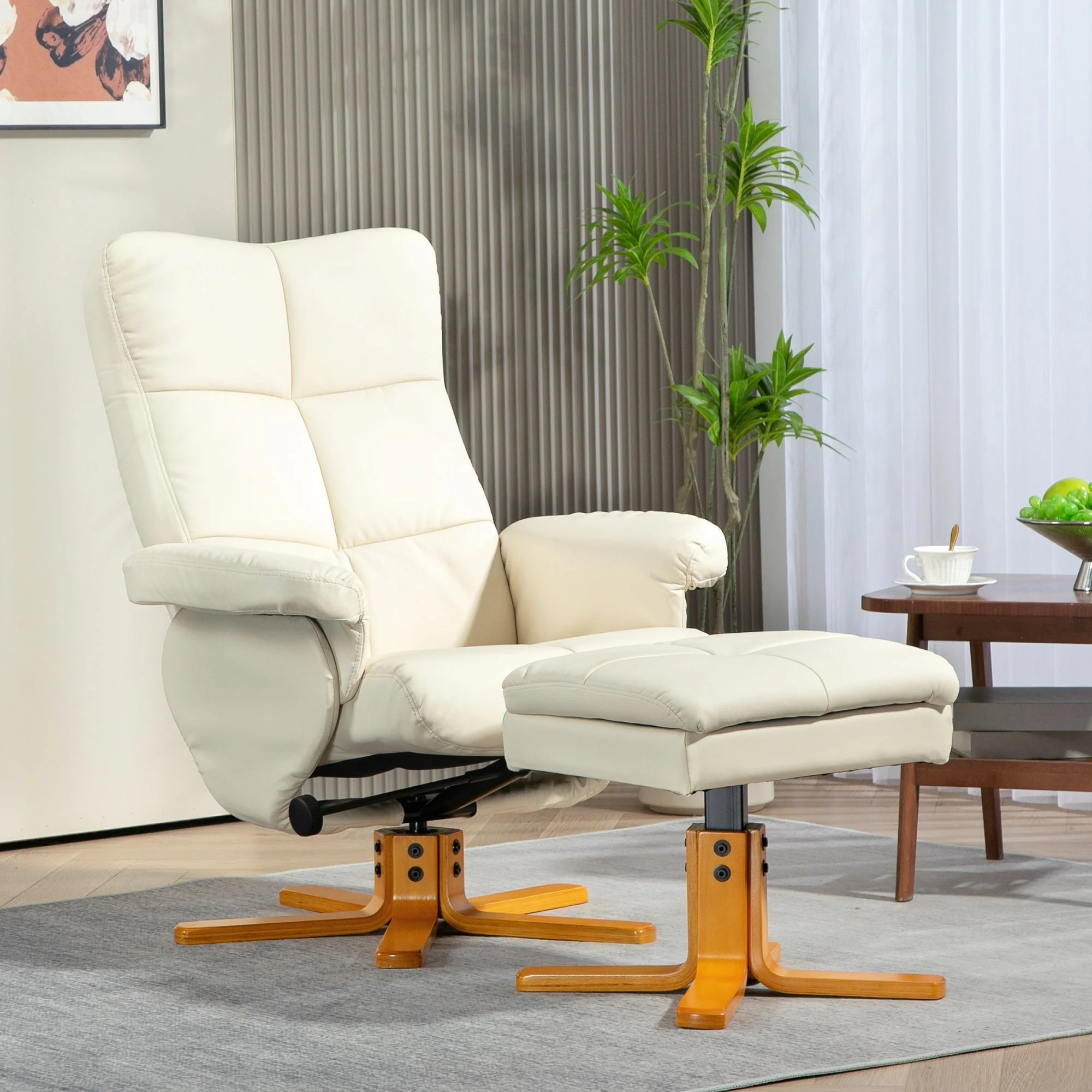 Recliner Chair with Footstool, Storage, Reclining, Swivel, Faux Leather, Cream White