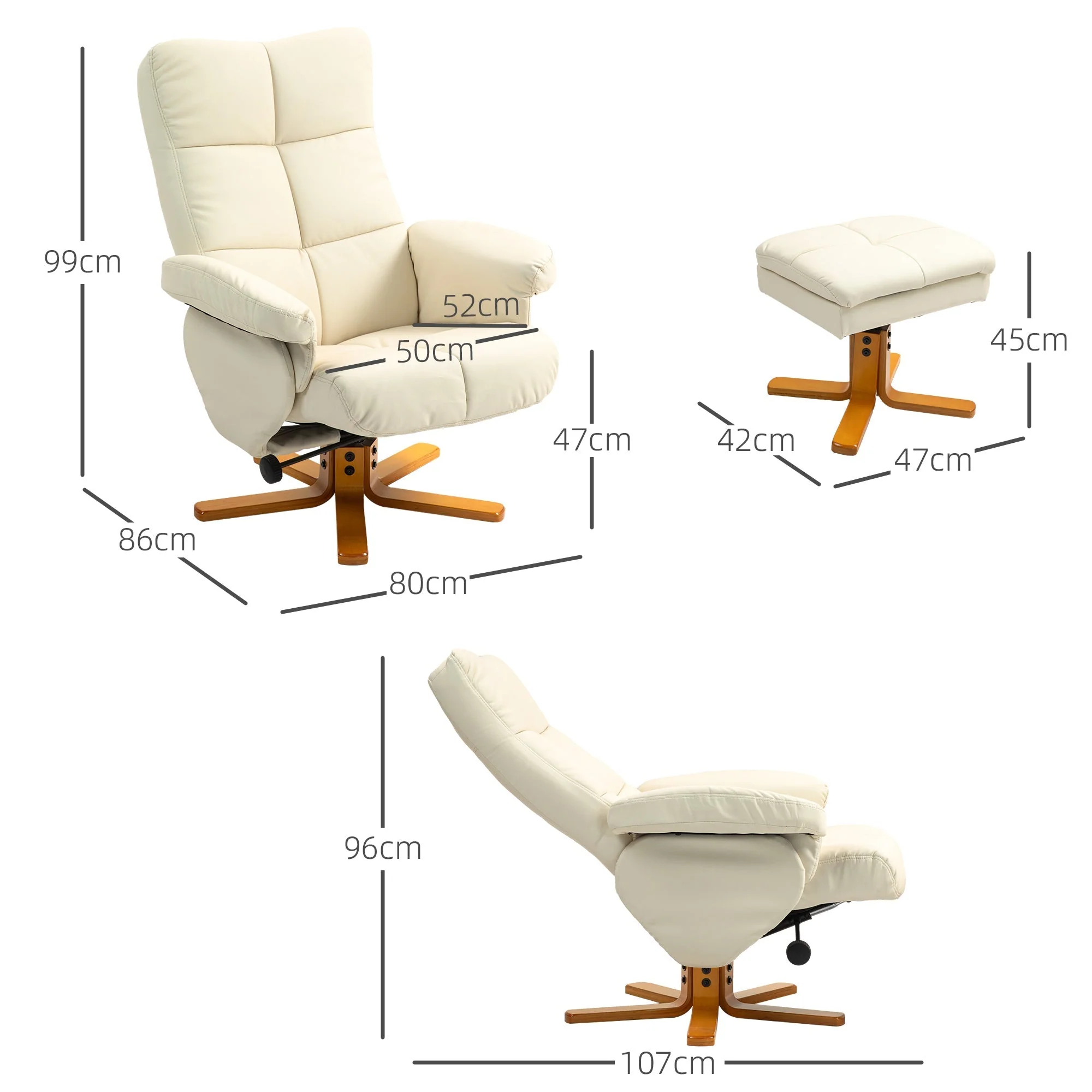 Recliner Chair with Footstool, Storage, Reclining, Swivel, Faux Leather, Cream White - Image 3