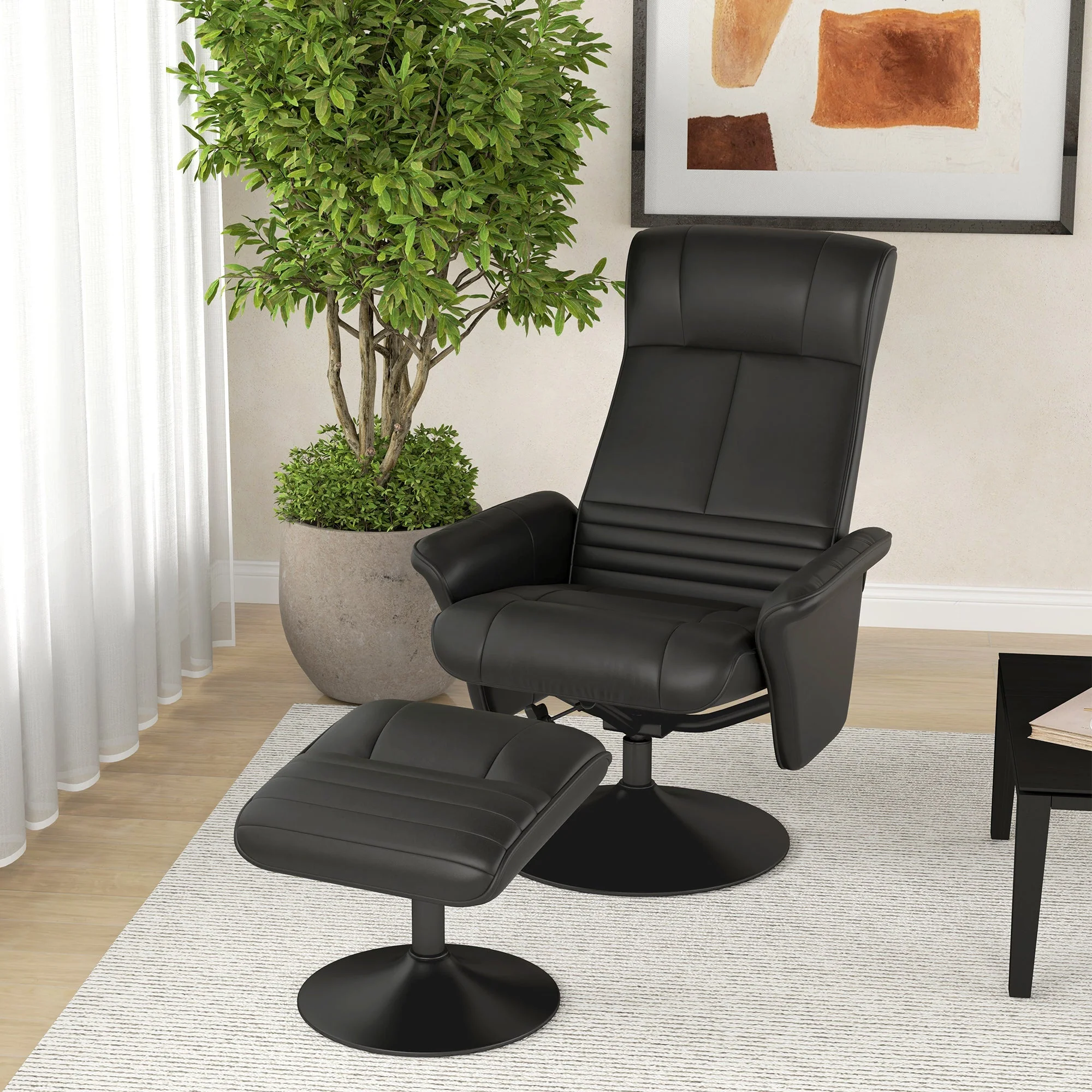 Recliner Chair with Footstool, Swivel Reclining TV, 150kg Load, Microfiber Cloth, Black - Image 2