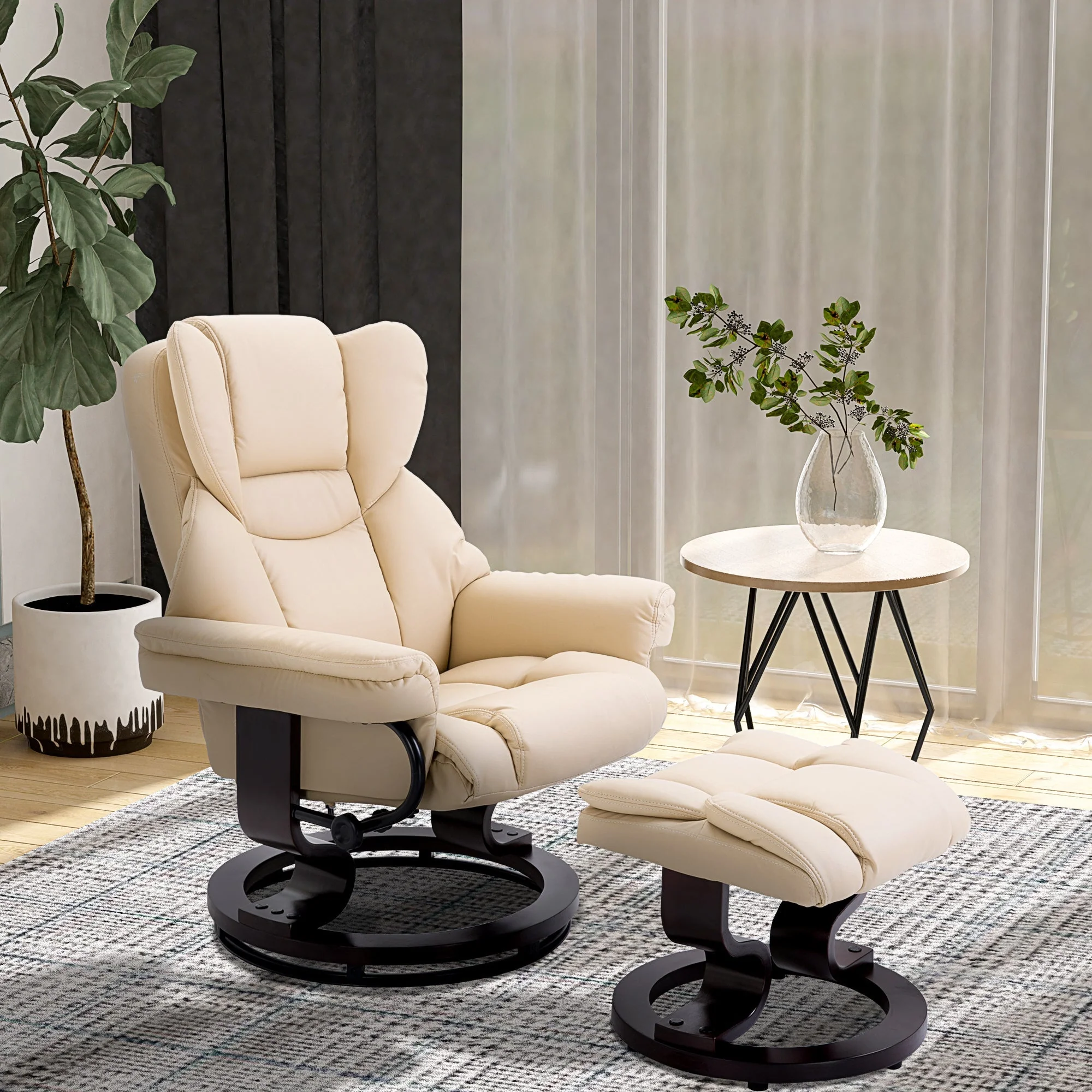 Recliner Chair with Footstool, Swivel Reclining TV Chair, Faux Leather Cream