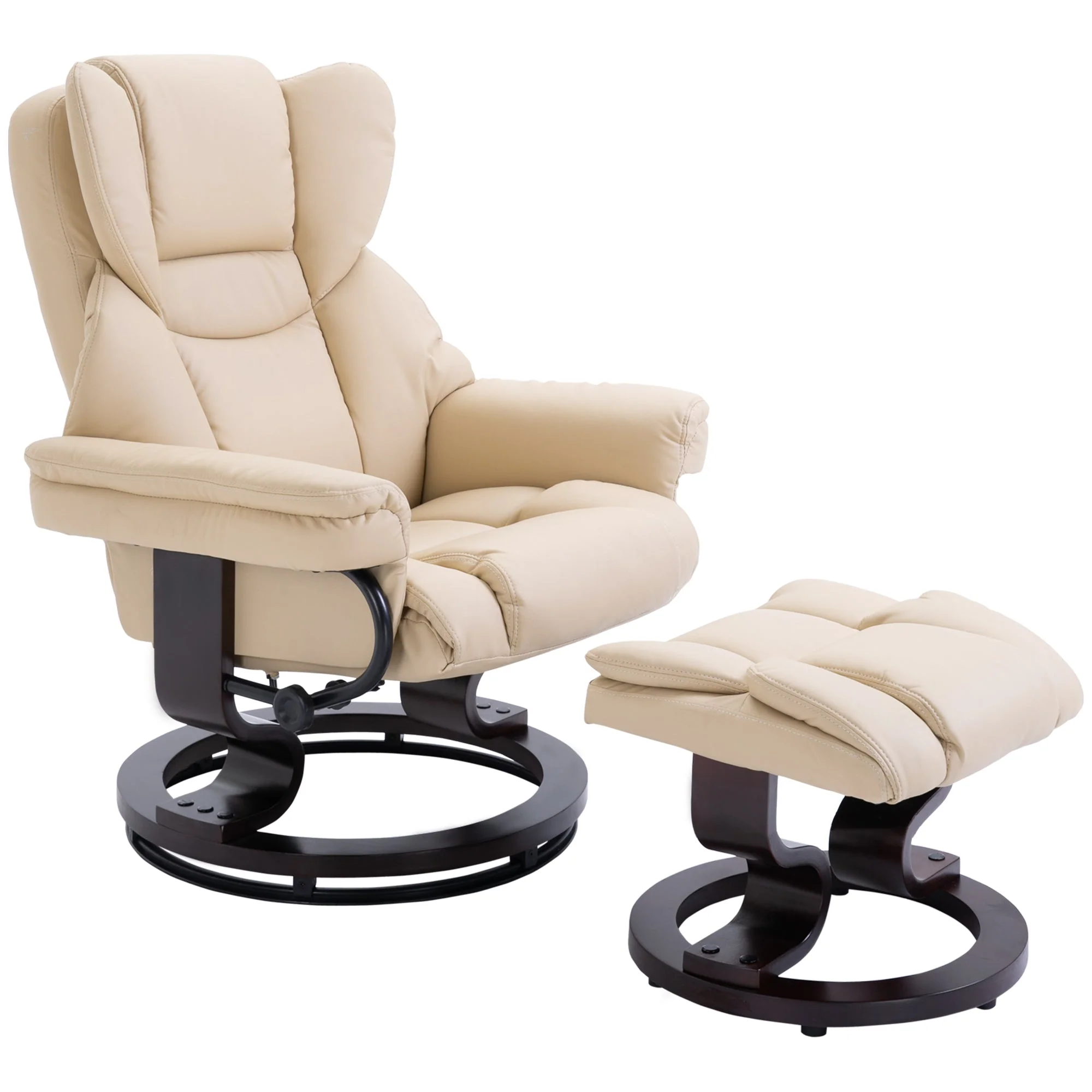 Recliner Chair with Footstool, Swivel Reclining TV Chair, Faux Leather Cream - Image 2