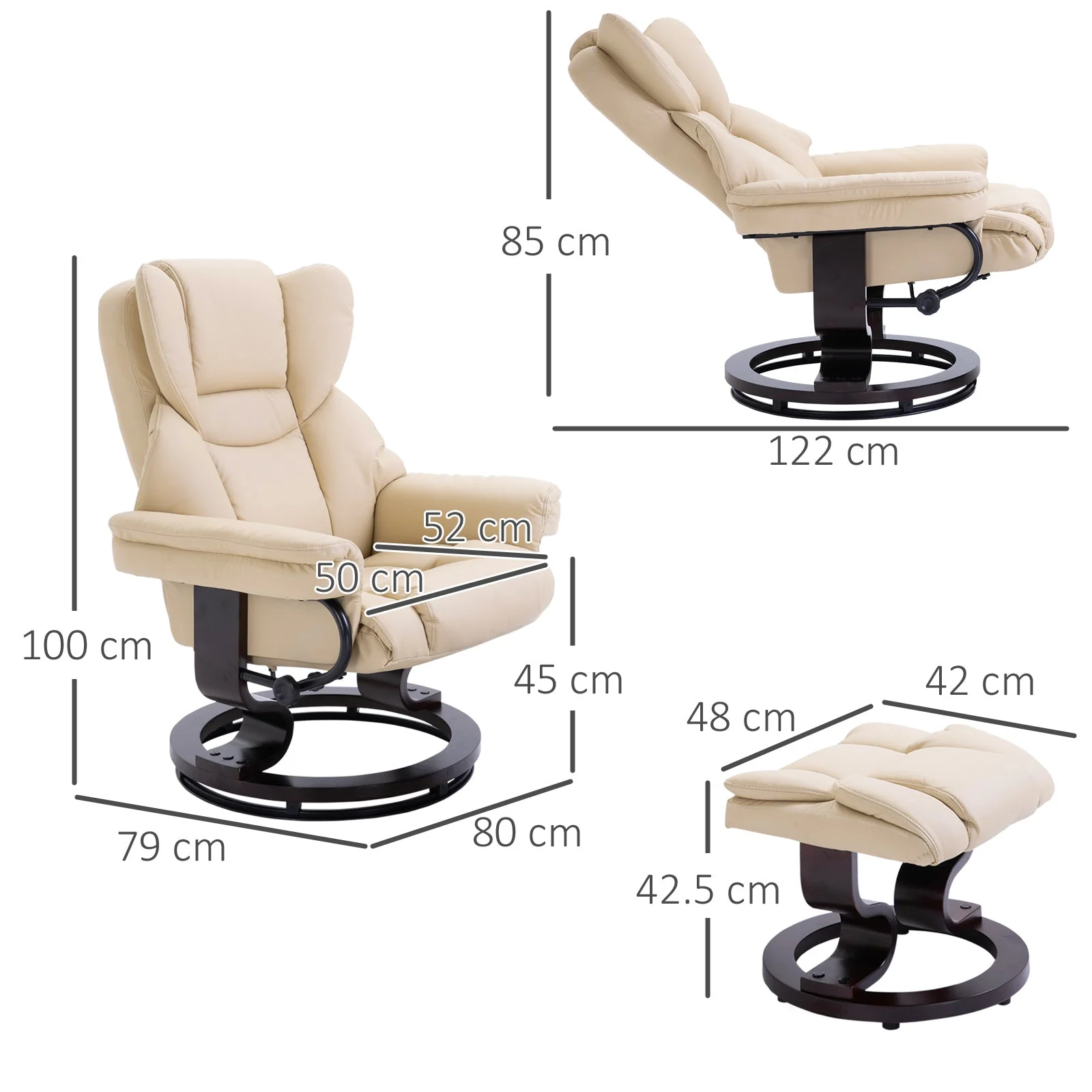 Recliner Chair with Footstool, Swivel Reclining TV Chair, Faux Leather Cream - Image 3