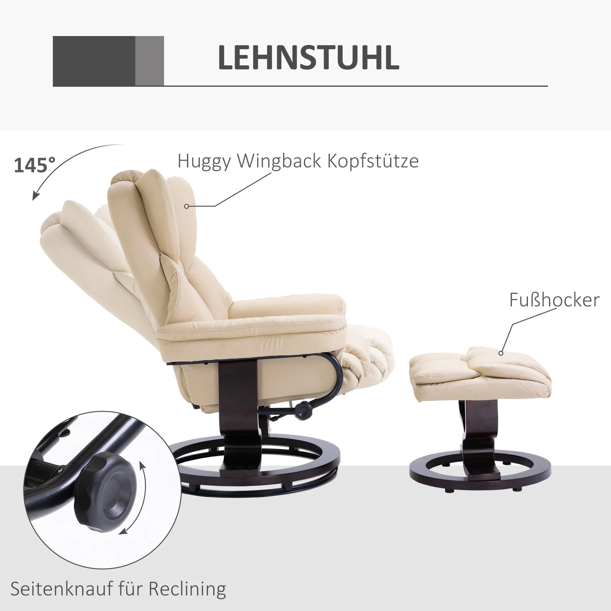 Recliner Chair with Footstool, Swivel Reclining TV Chair, Faux Leather Cream - Image 4