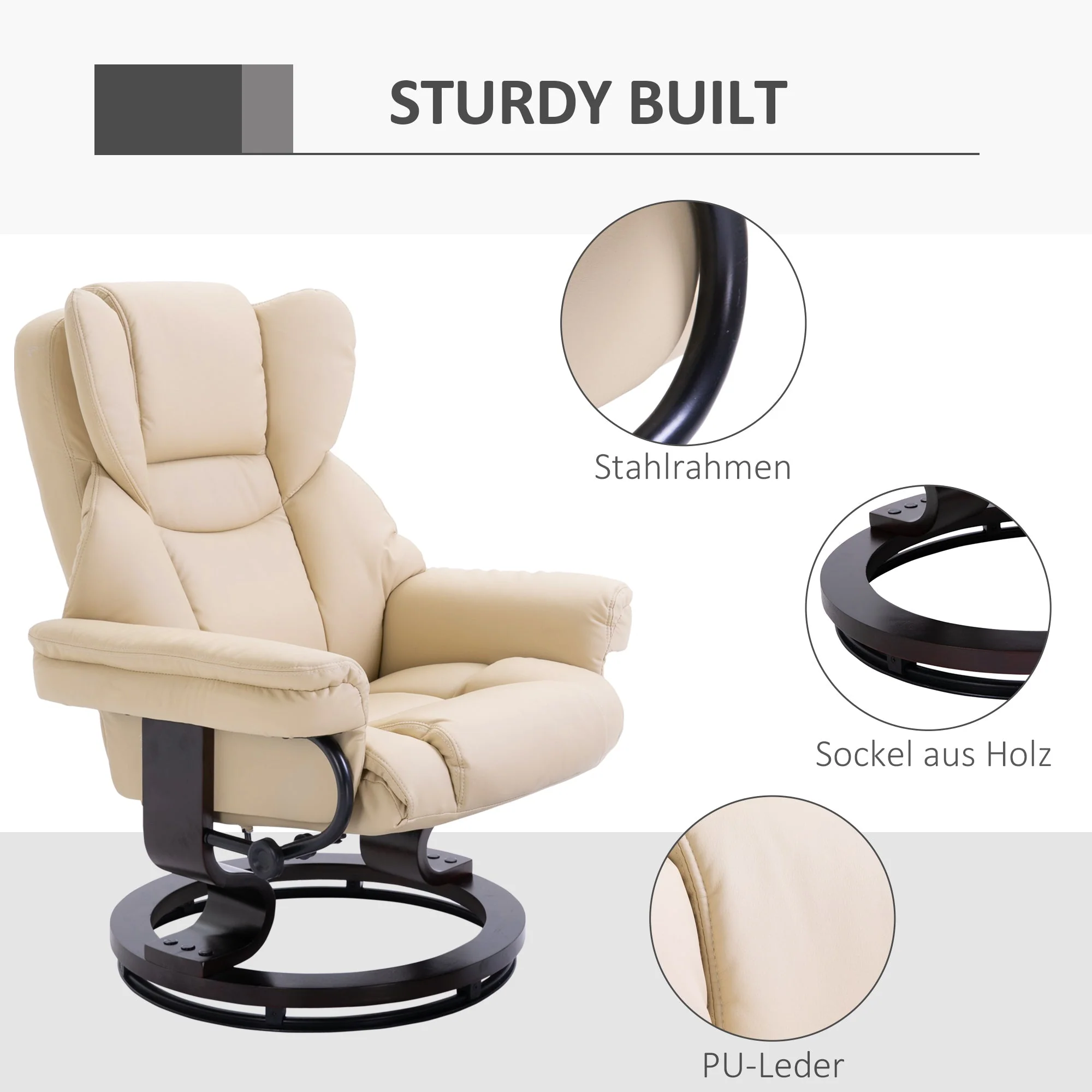 Recliner Chair with Footstool, Swivel Reclining TV Chair, Faux Leather Cream - Image 5
