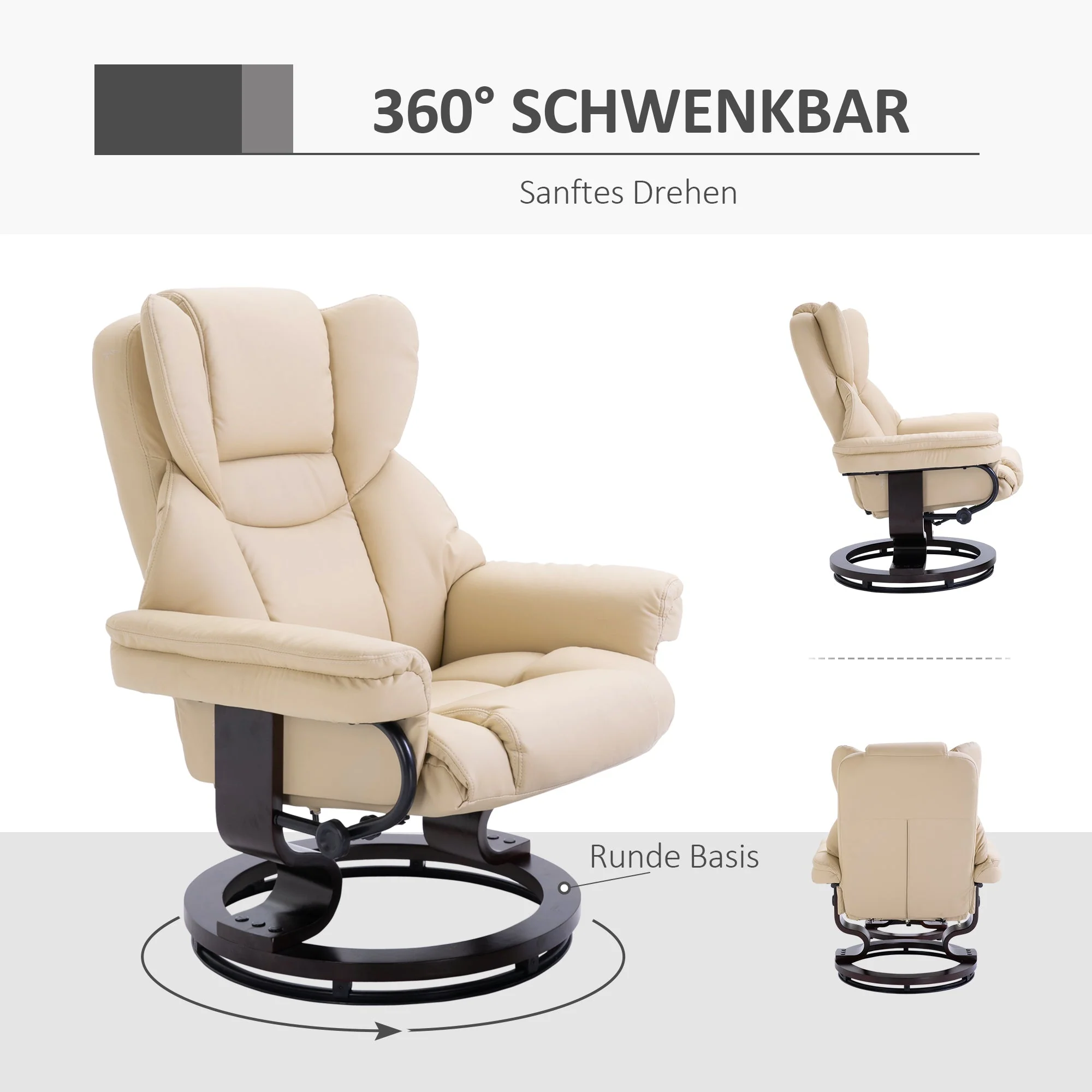Recliner Chair with Footstool, Swivel Reclining TV Chair, Faux Leather Cream - Image 6