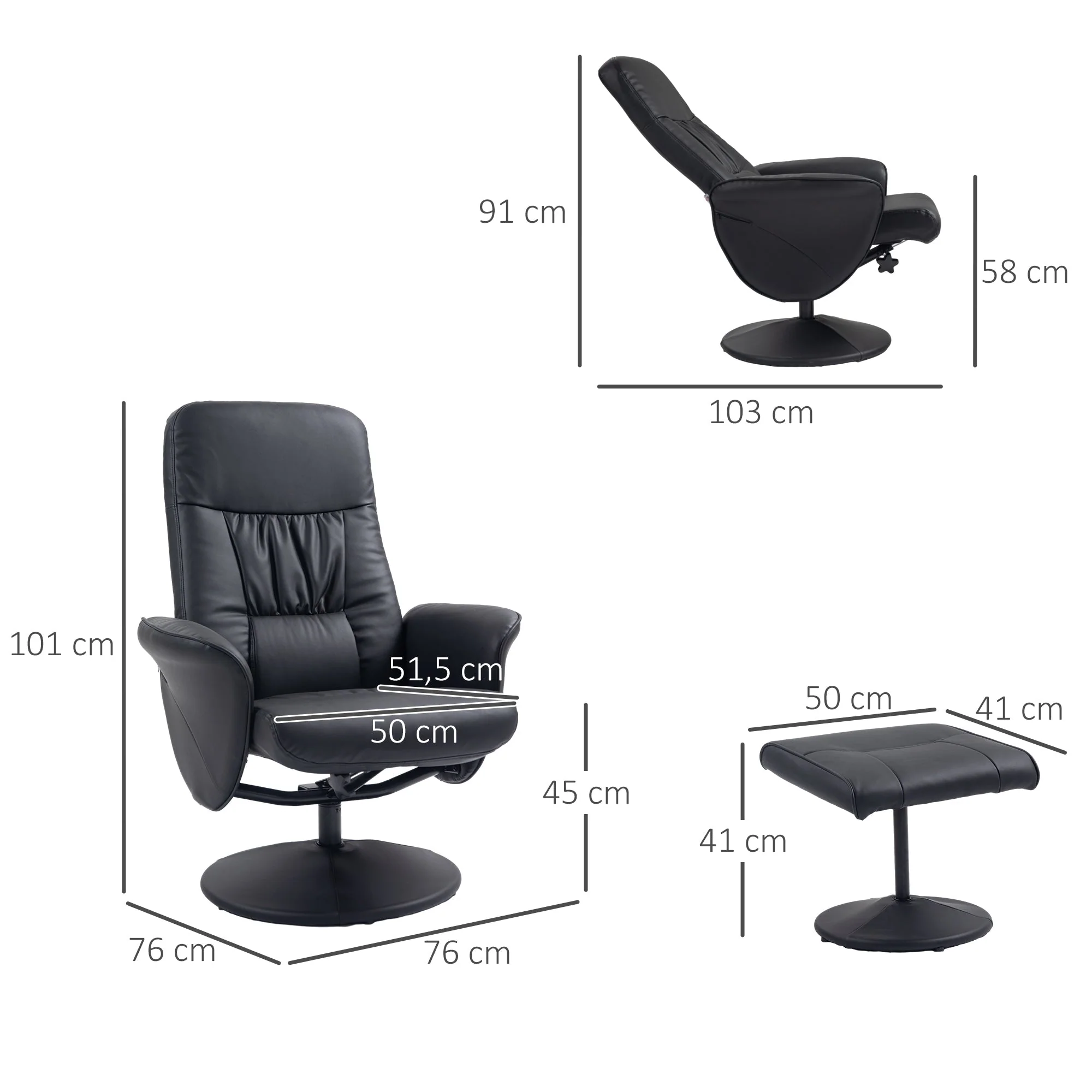 Recliner Chair with Footstool, Swivel Upholstered TV Chair, Faux Leather, Black - Image 3