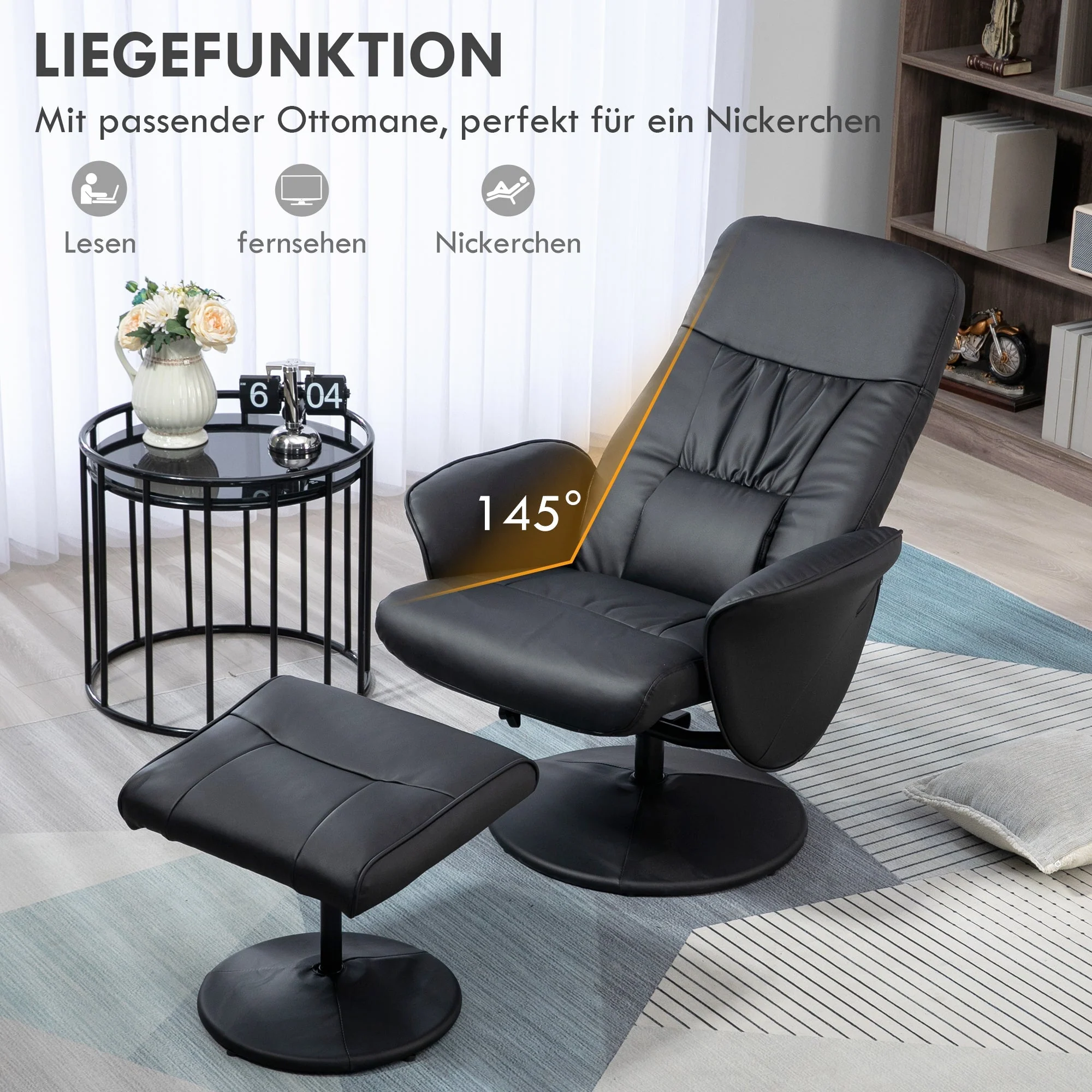 Recliner Chair with Footstool, Swivel Upholstered TV Chair, Faux Leather, Black - Image 4