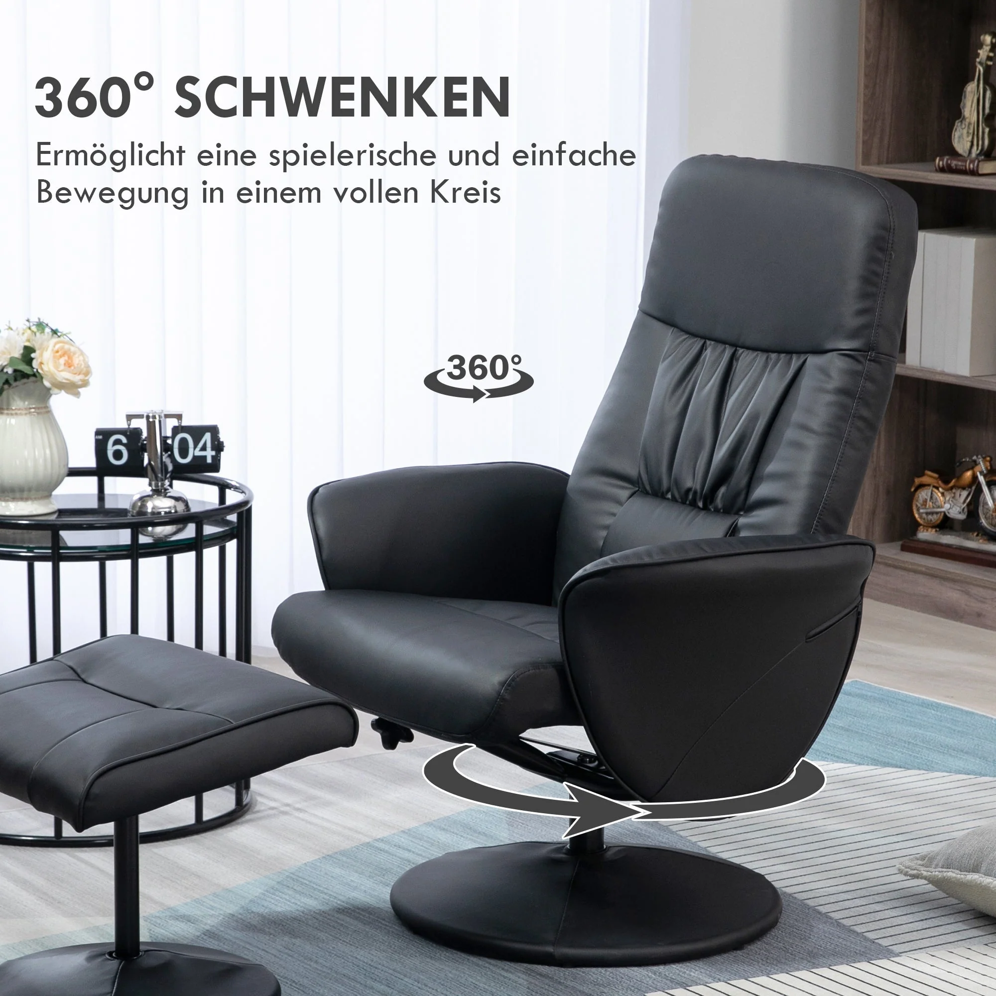 Recliner Chair with Footstool, Swivel Upholstered TV Chair, Faux Leather, Black - Image 5