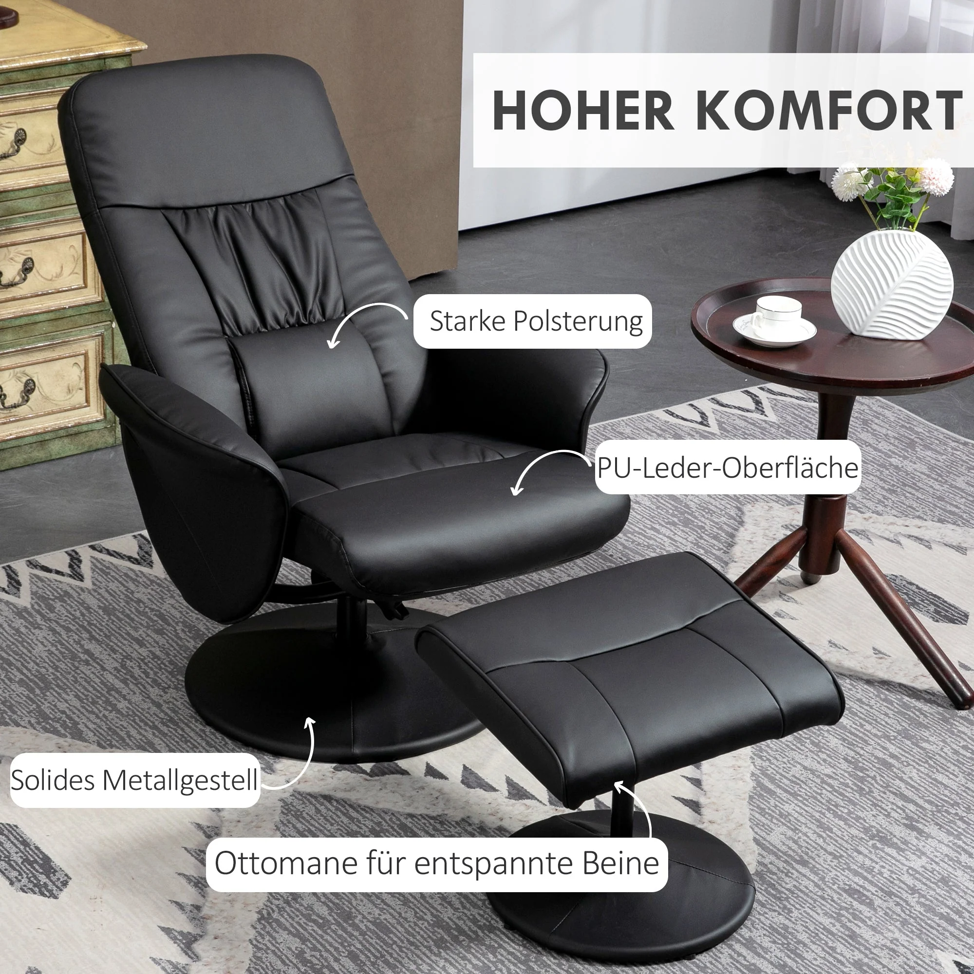 Recliner Chair with Footstool, Swivel Upholstered TV Chair, Faux Leather, Black - Image 6