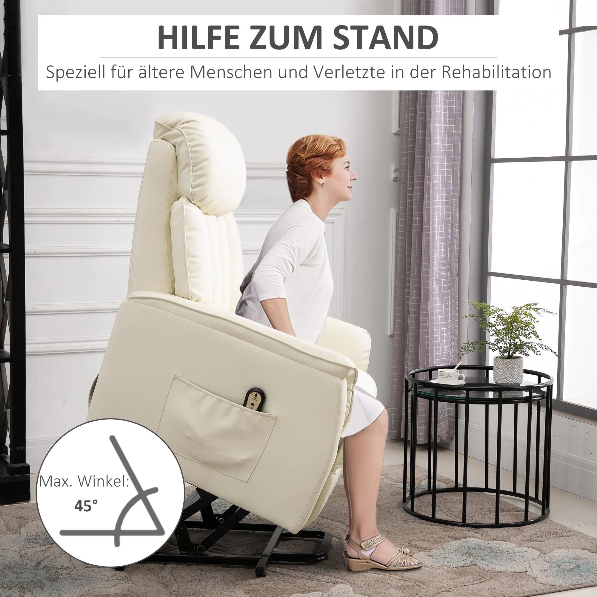 Recliner TV Chair Electric Lift Reclining Function Faux Leather Beige - Image 5