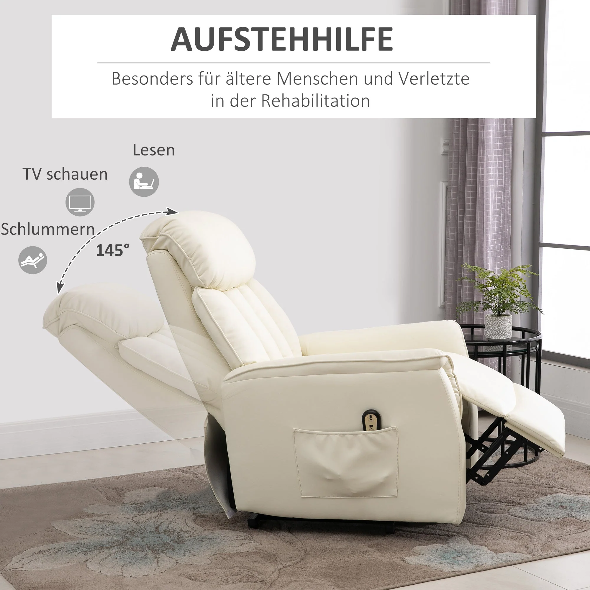 Recliner TV Chair Electric Lift Reclining Function Faux Leather Beige - Image 6