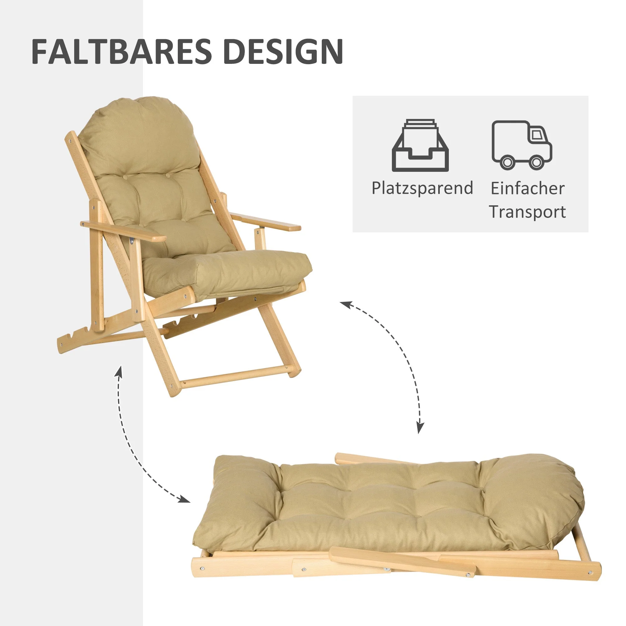 Reclining Armchair, Folding Upholstered Lounge Chair, Beech Wood, Brown - Image 6