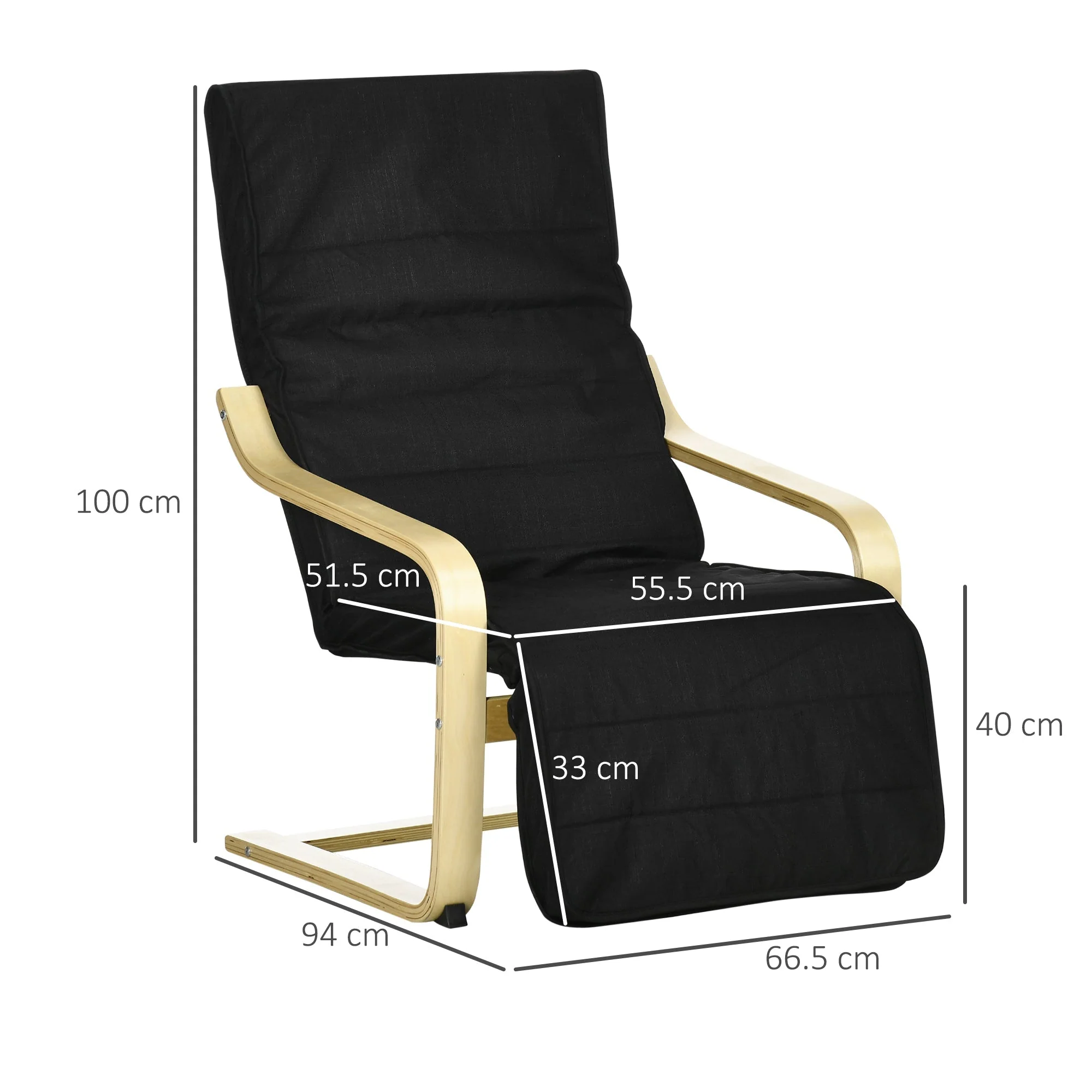 Reclining Armchair Rocking Chair Adjustable Footrest Linen Look, Birch Wood Black - Image 3