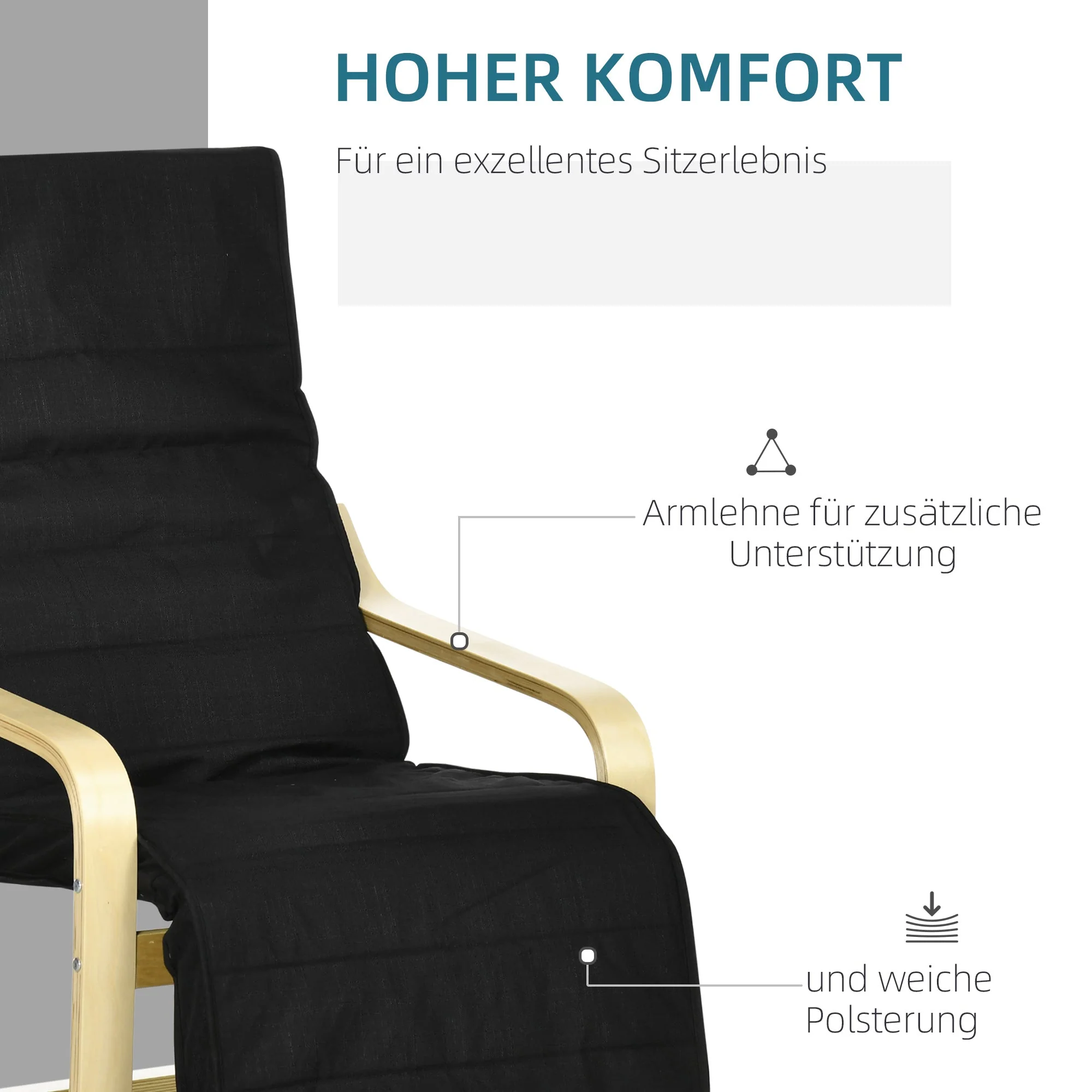 Reclining Armchair Rocking Chair Adjustable Footrest Linen Look, Birch Wood Black - Image 4