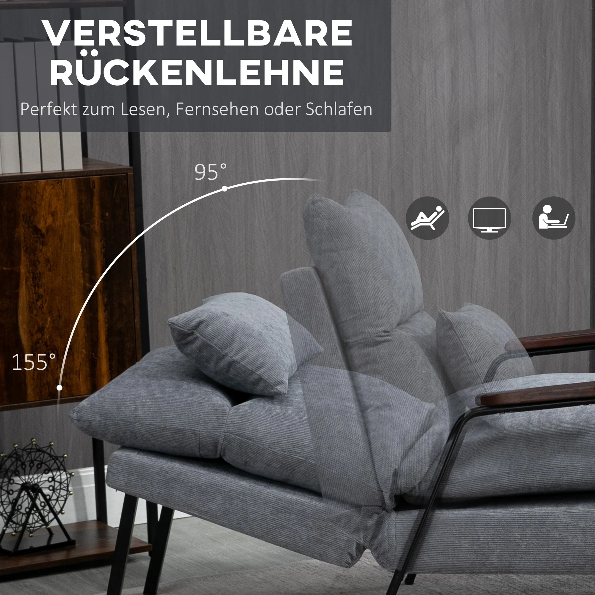 Reclining Armchair with Footstool, Adjustable Backrest Upholstered, Grey - Image 4