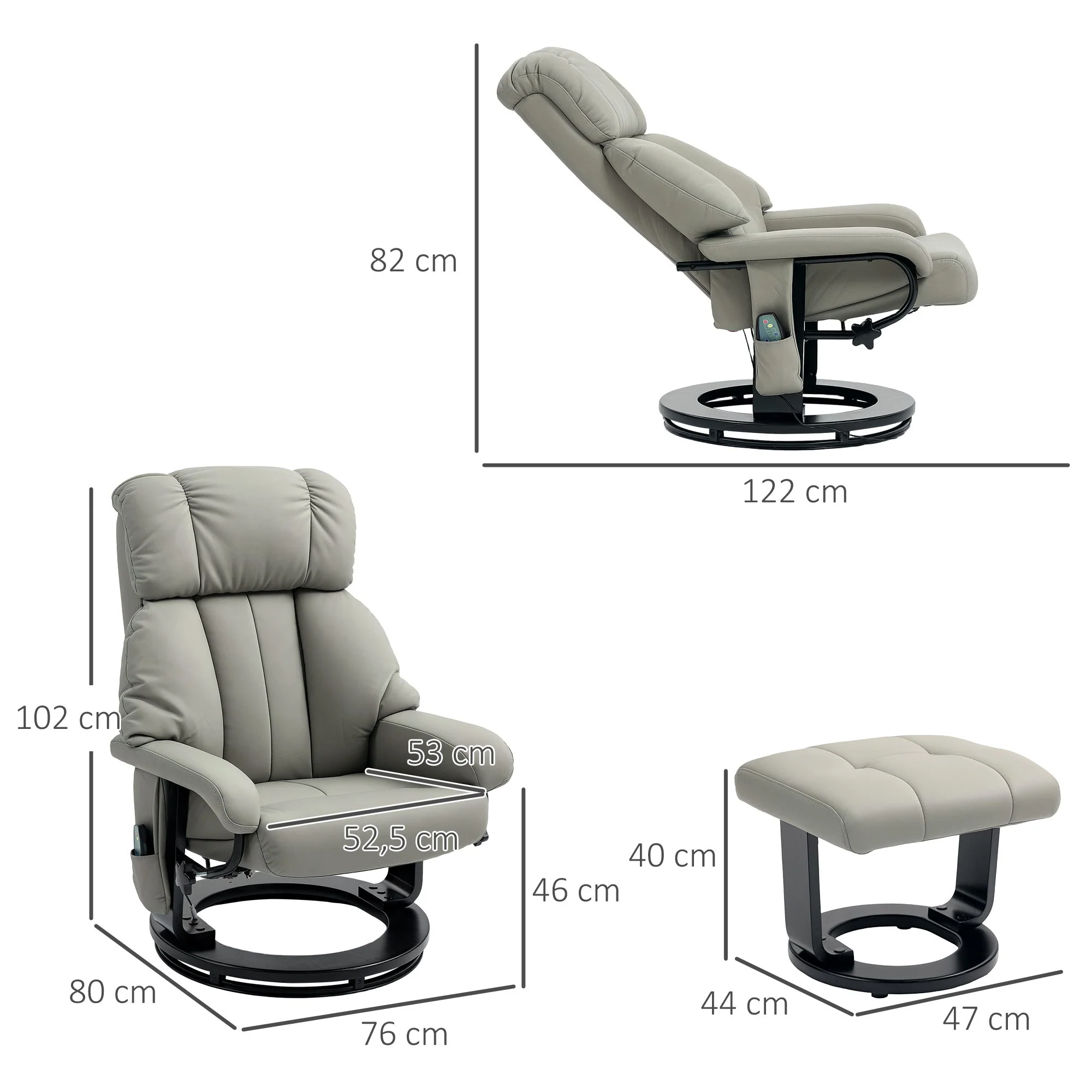 Reclining Armchair with Footstool, Electric Massage Function, Remote Control, Faux Leather Grey - Image 3