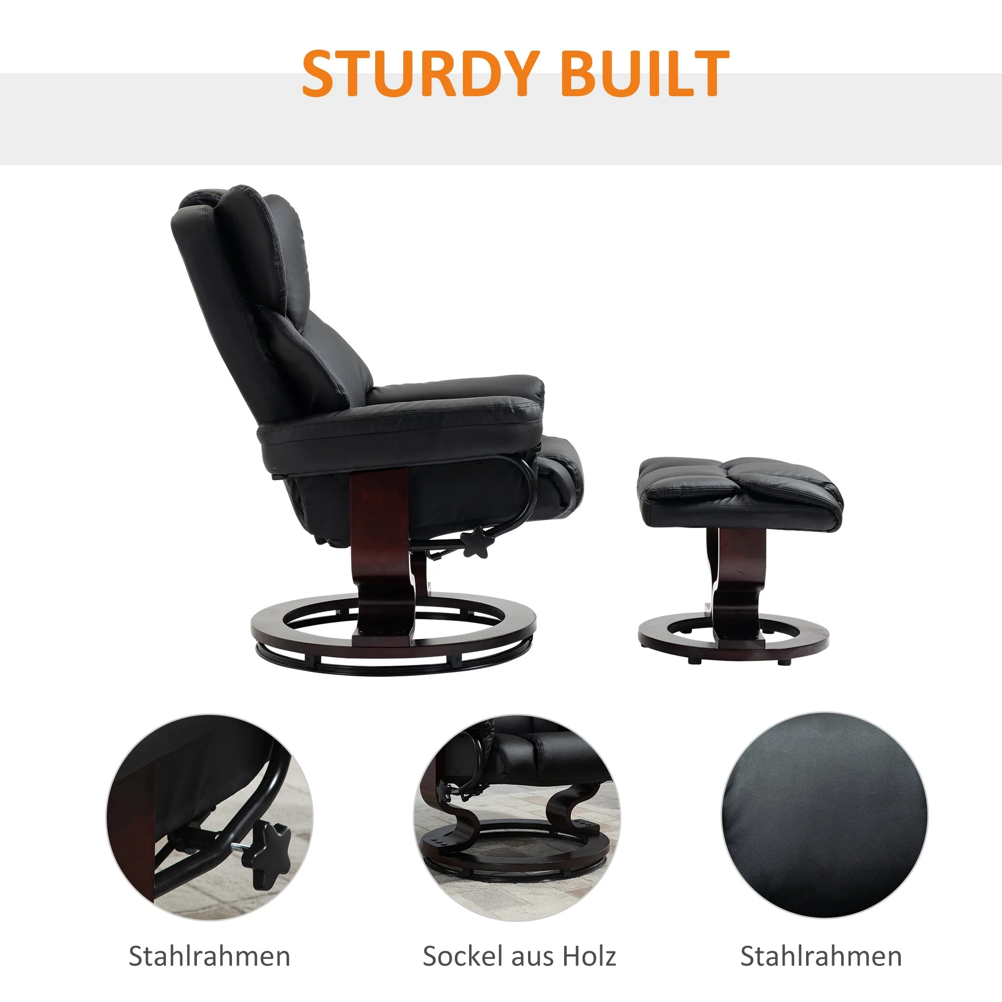 Reclining Armchair with Footstool, Swivel TV Armchair Faux Leather Black - Image 5