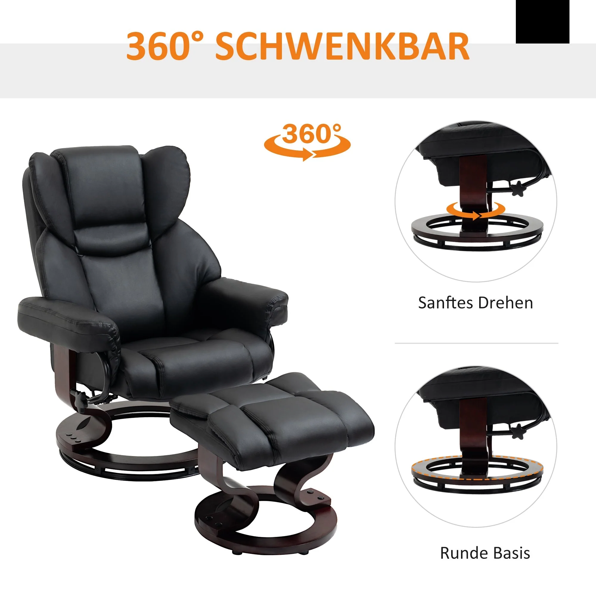 Reclining Armchair with Footstool, Swivel TV Armchair Faux Leather Black - Image 6