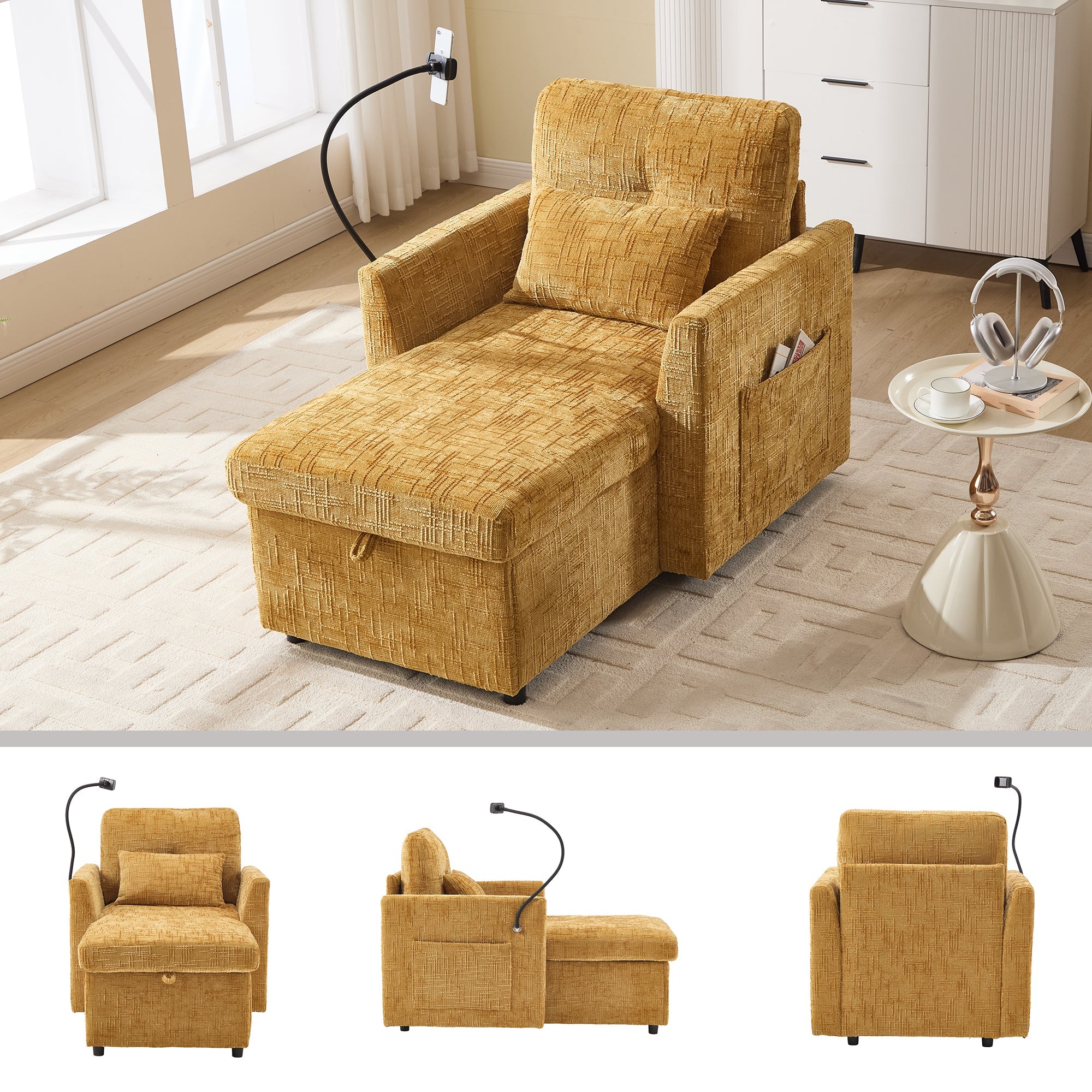 Reclining Sofa Lounge Chair, Multifunctional with Phone Holder, Chenille Fabric - Image 2