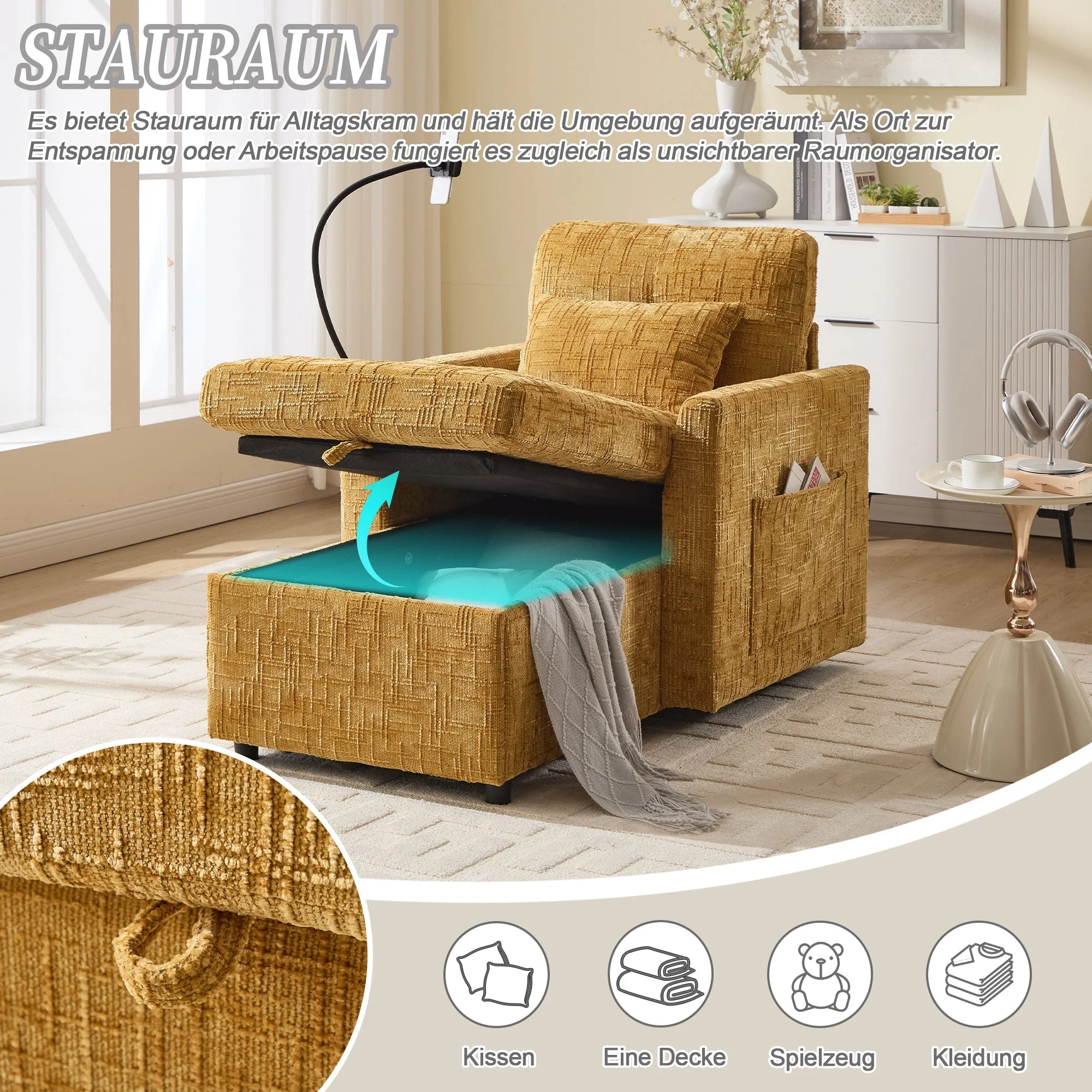 Reclining Sofa Lounge Chair, Multifunctional with Phone Holder, Chenille Fabric - Image 5