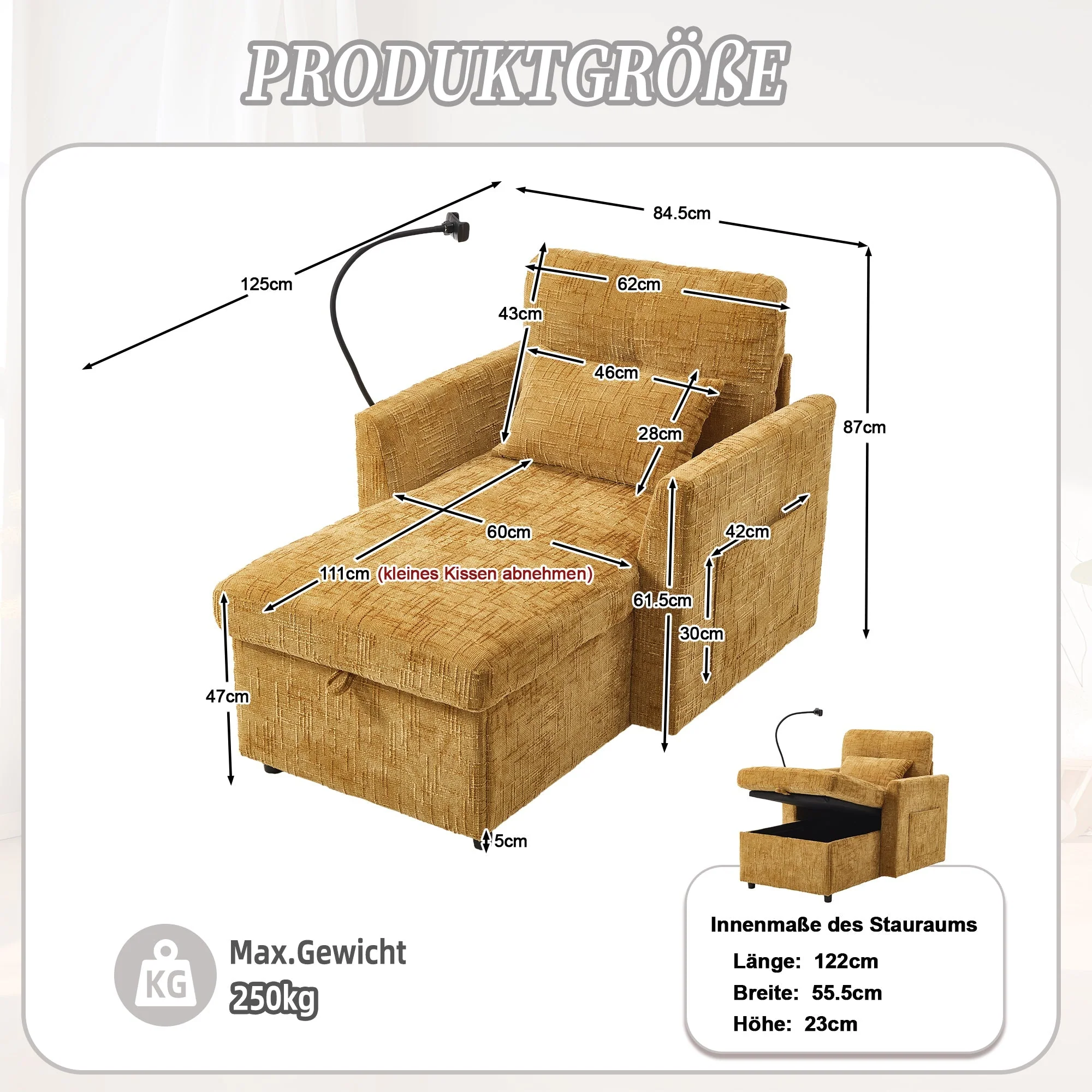 Reclining Sofa Lounge Chair, Multifunctional with Phone Holder, Chenille Fabric - Image 7