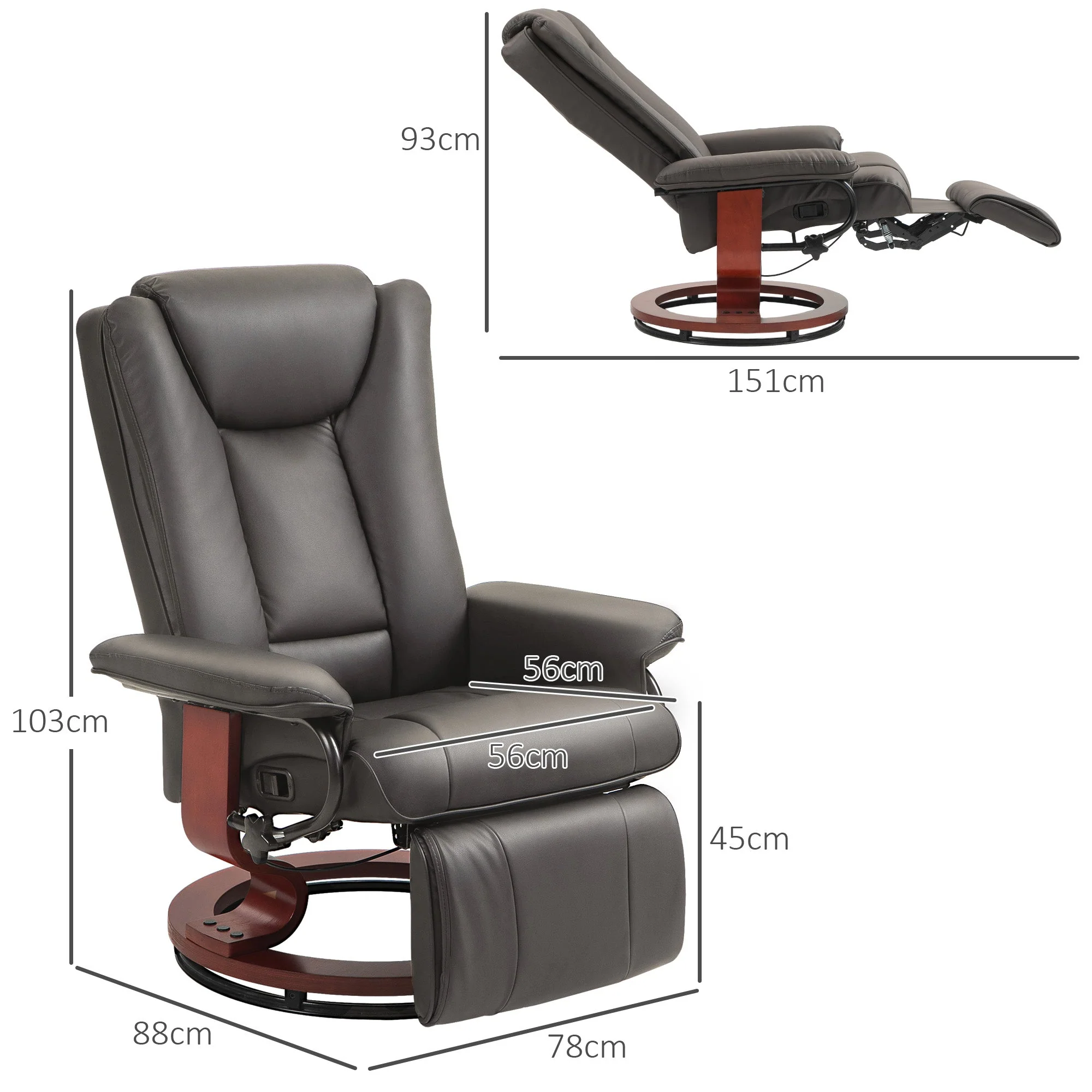 Reclining TV Armchair, Swivel Adjustable Backrest 150 kg Capacity, Faux Leather Brown - Image 3