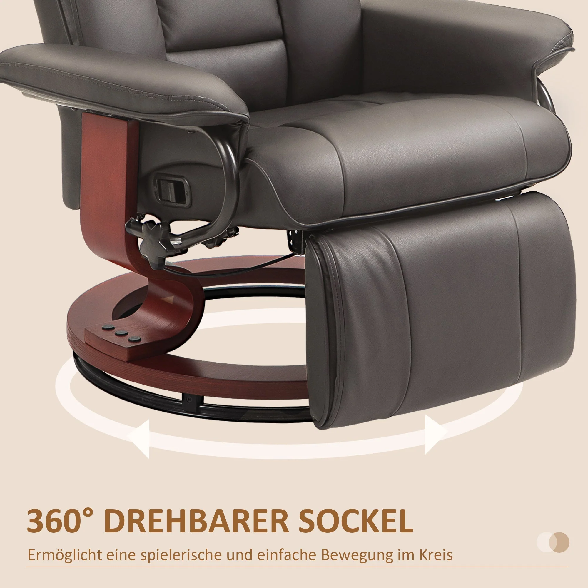 Reclining TV Armchair, Swivel Adjustable Backrest 150 kg Capacity, Faux Leather Brown - Image 6