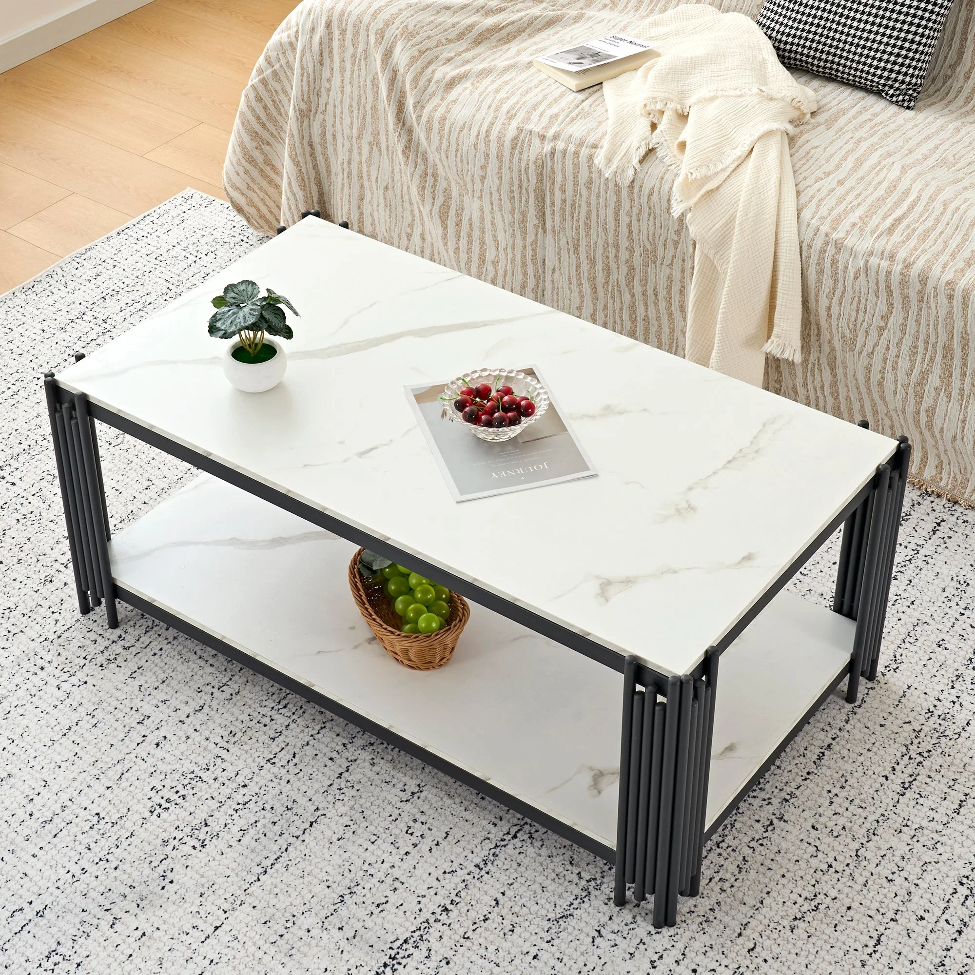Rectangular Coffee Table Modern Marble-Effect Top Metal Legs White and Black - Image 7