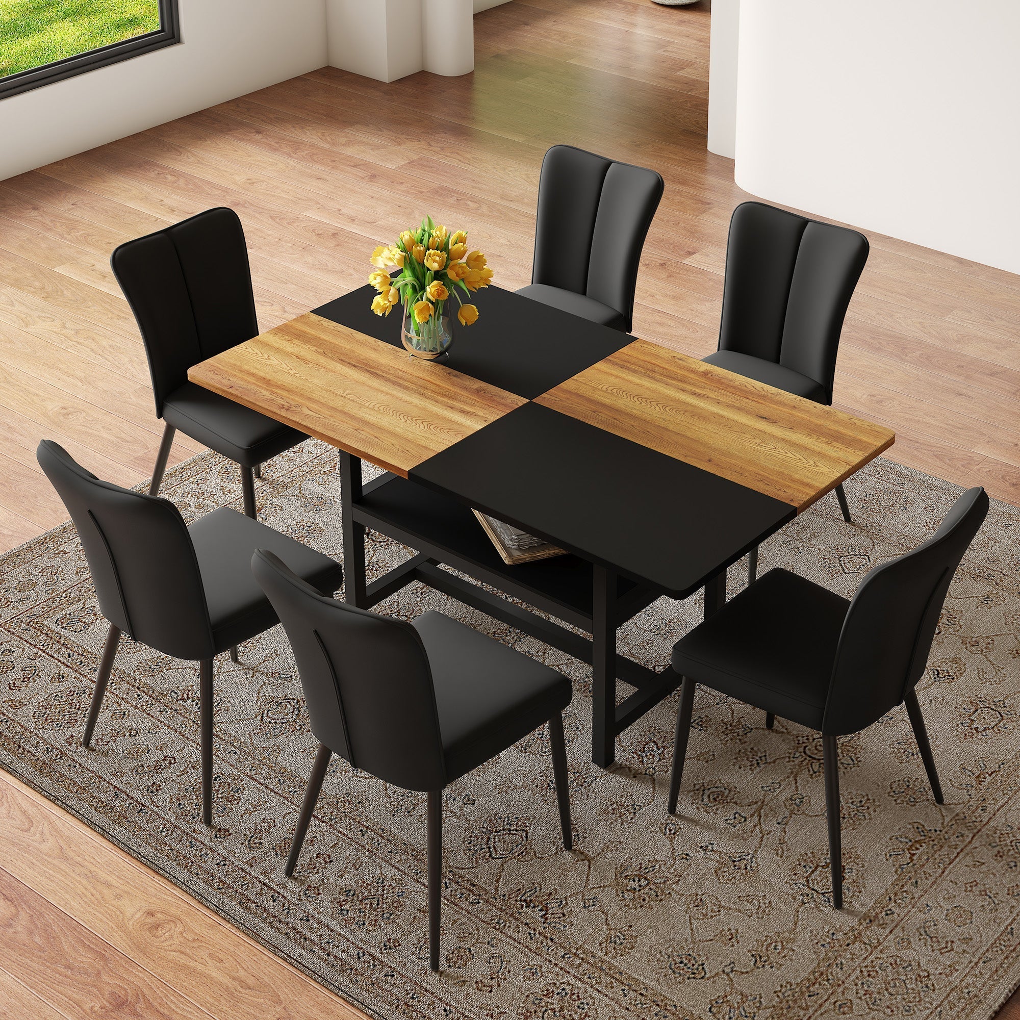 Rectangular Dining Table Set 160 cm with Storage & 6 Modern PU Chairs Black