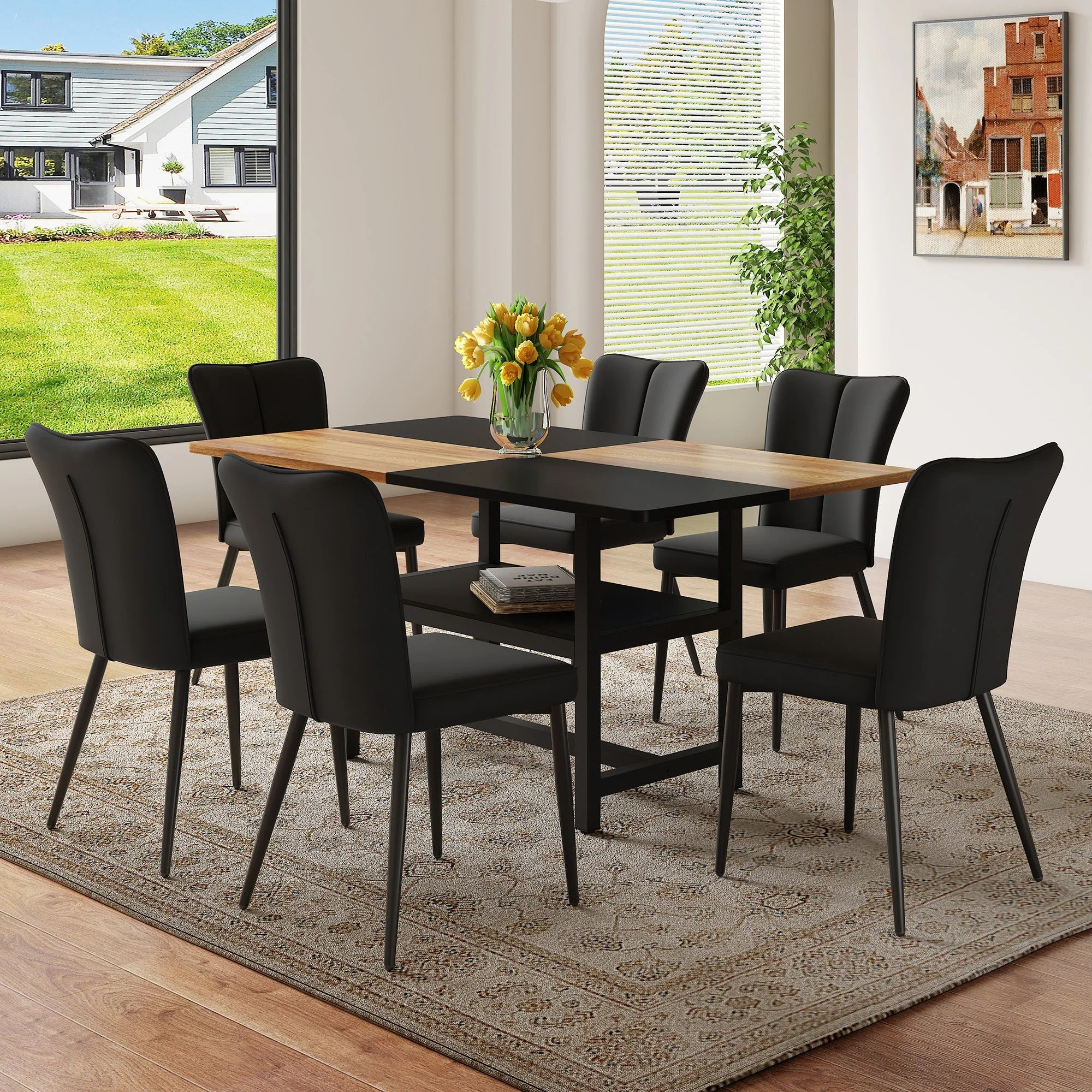 Rectangular Dining Table Set 160 cm with Storage & 6 Modern PU Chairs Black - Image 3