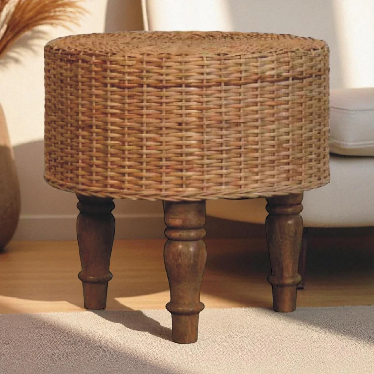 Regency Round Woven Stool, Solid Mango Wood