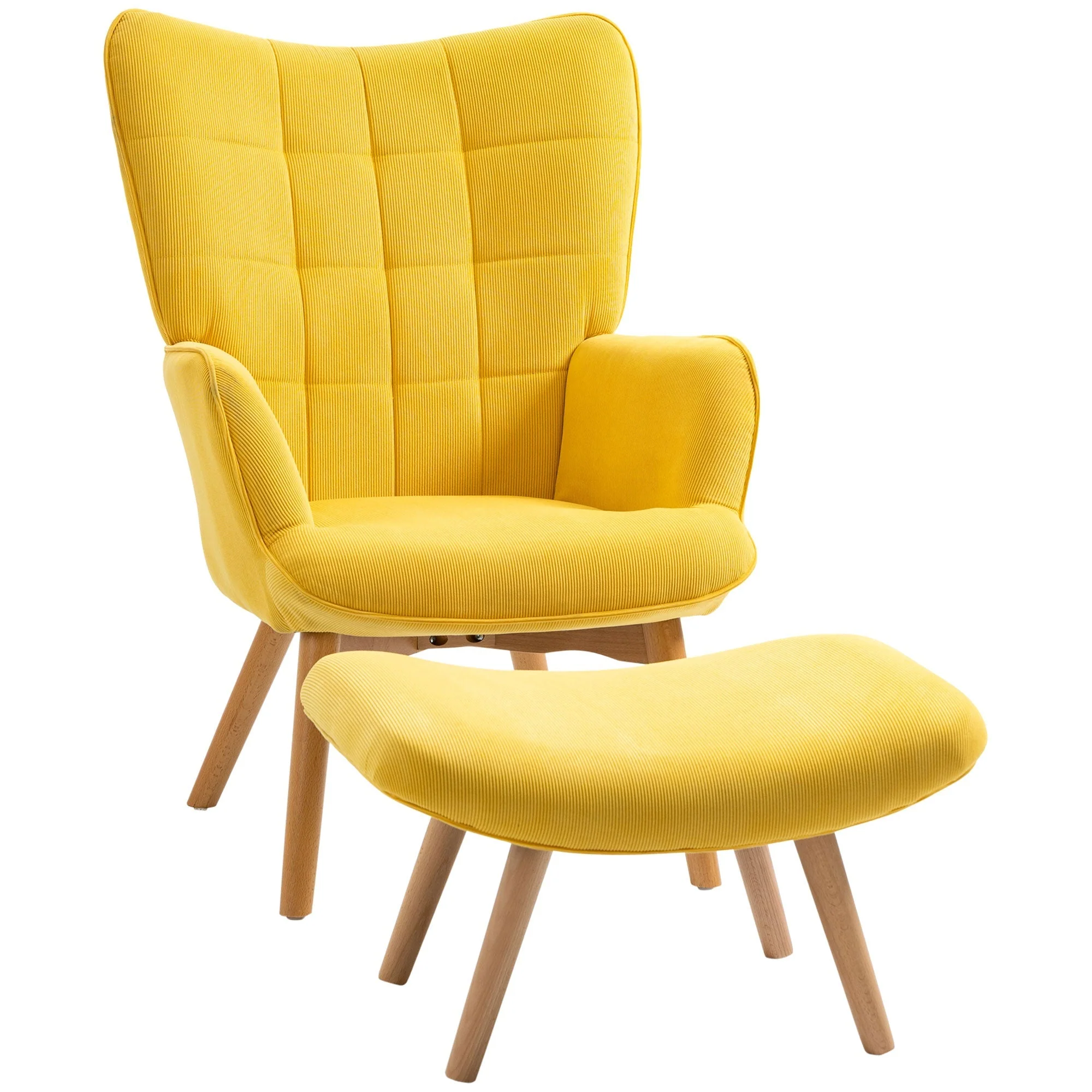Relaxing Armchair Wing Chair with Footstool Wooden Legs, Corduroy Yellow - Image 2