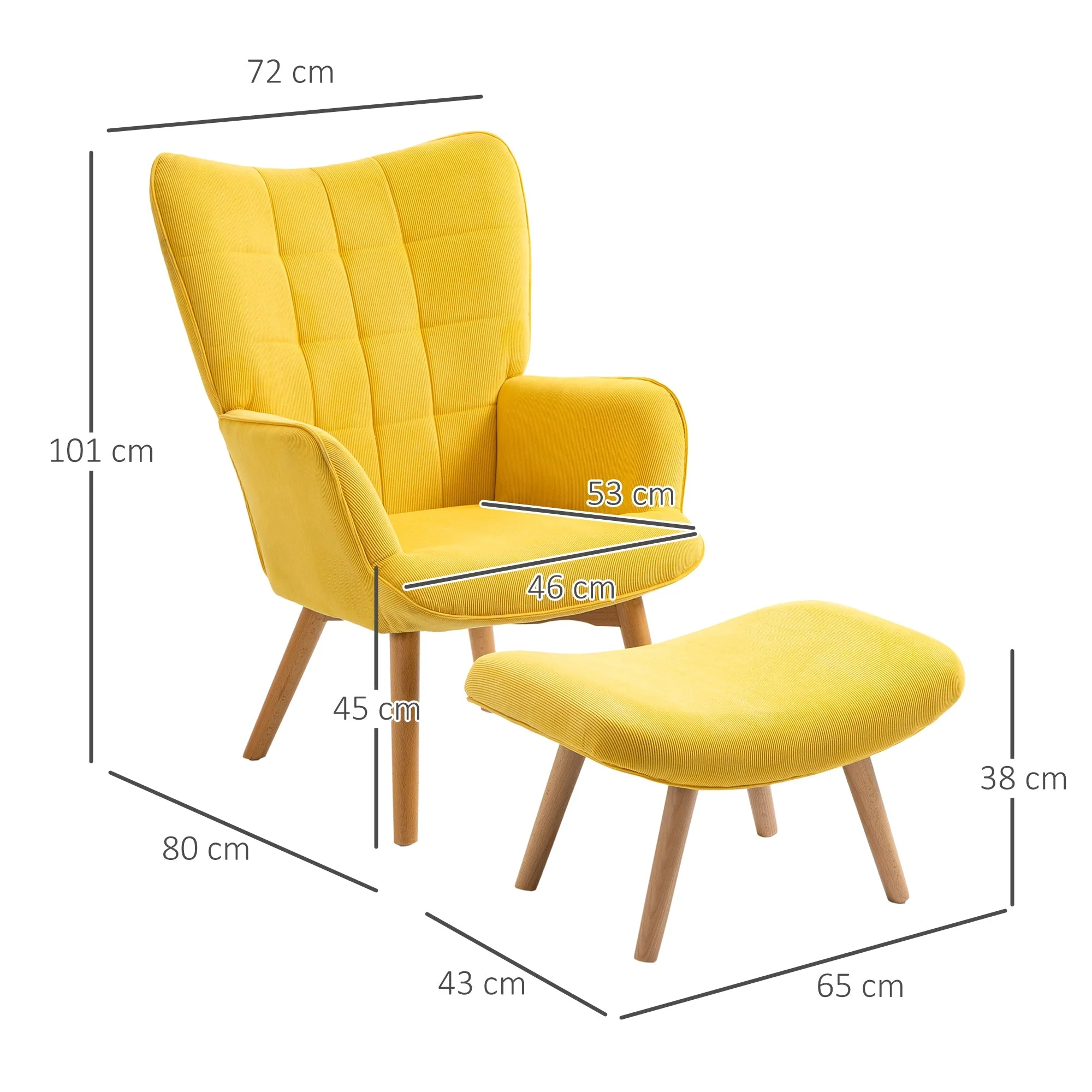 Relaxing Armchair Wing Chair with Footstool Wooden Legs, Corduroy Yellow - Image 3