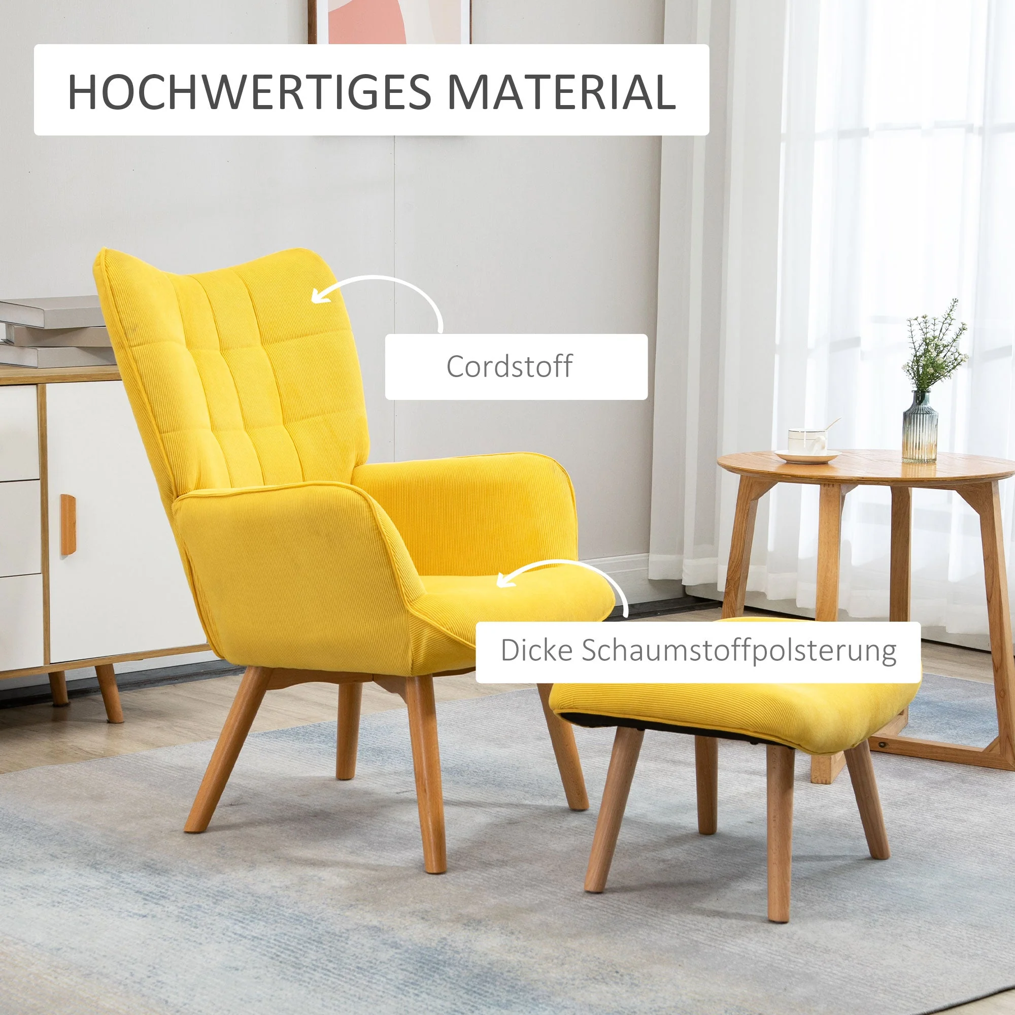 Relaxing Armchair Wing Chair with Footstool Wooden Legs, Corduroy Yellow - Image 4