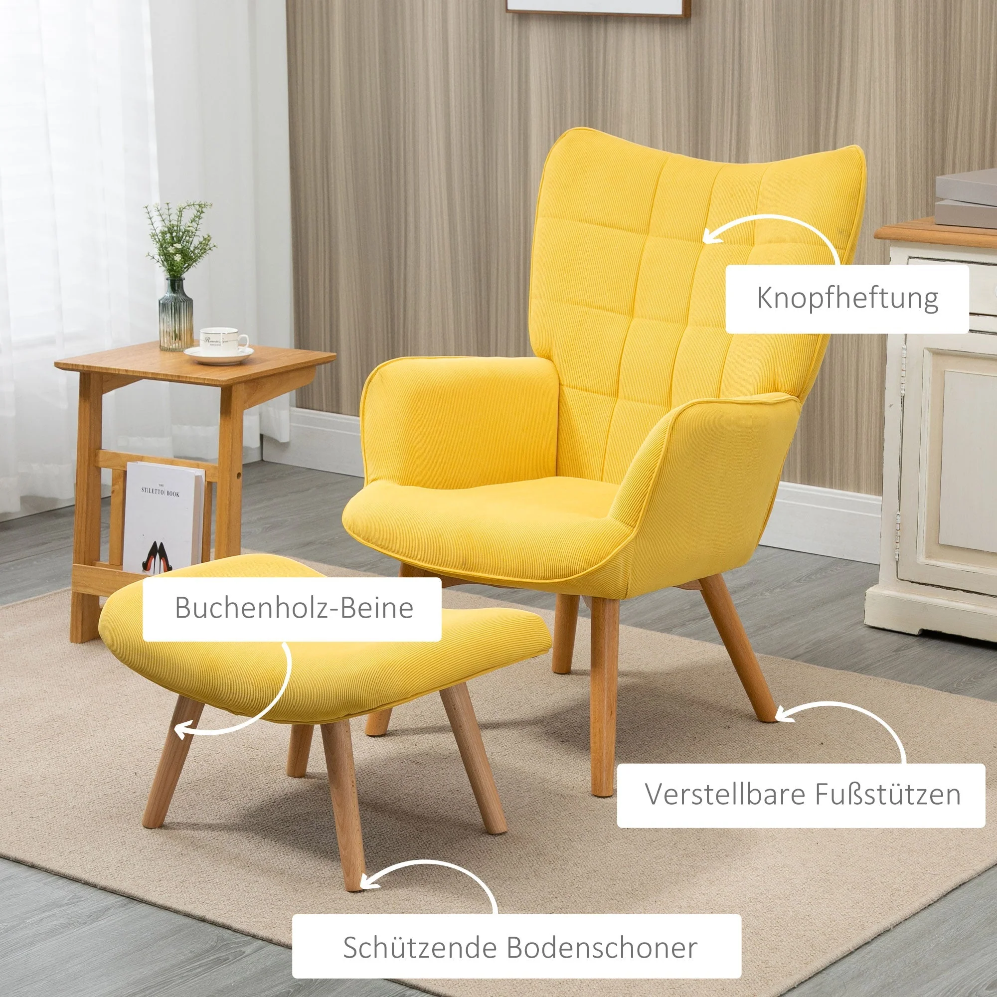 Relaxing Armchair Wing Chair with Footstool Wooden Legs, Corduroy Yellow - Image 5