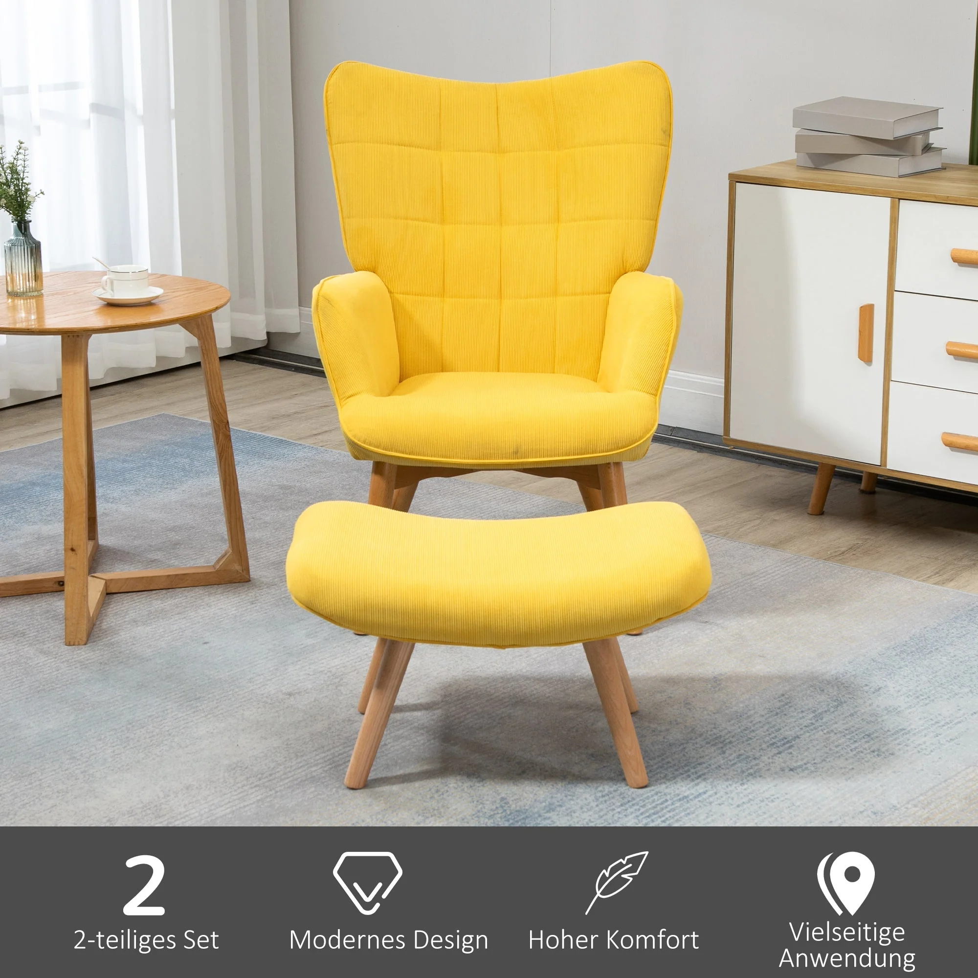 Relaxing Armchair Wing Chair with Footstool Wooden Legs, Corduroy Yellow - Image 6