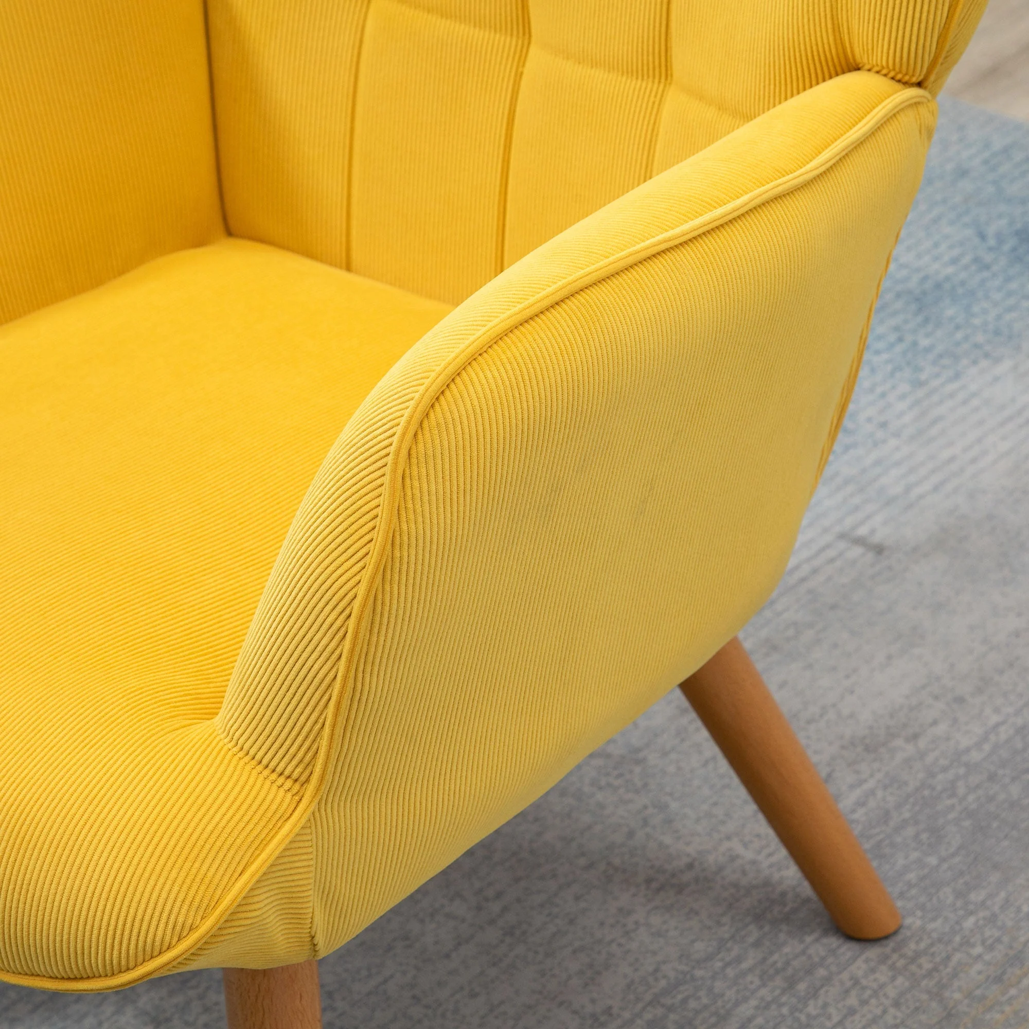 Relaxing Armchair Wing Chair with Footstool Wooden Legs, Corduroy Yellow - Image 7