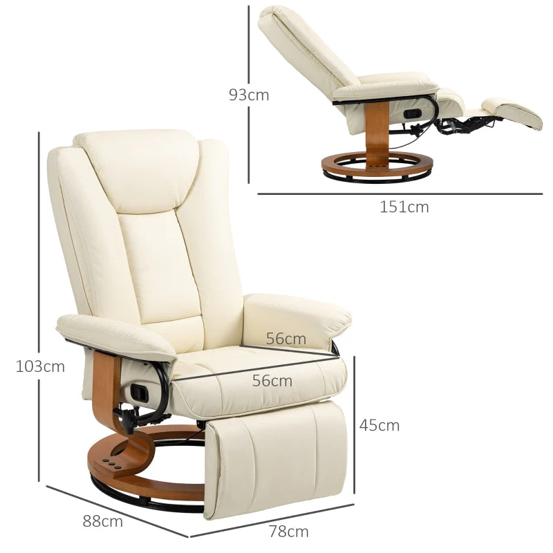 Relaxing Chair Swivel TV Chair Reclining Footrest Faux Leather Cream White - Image 3