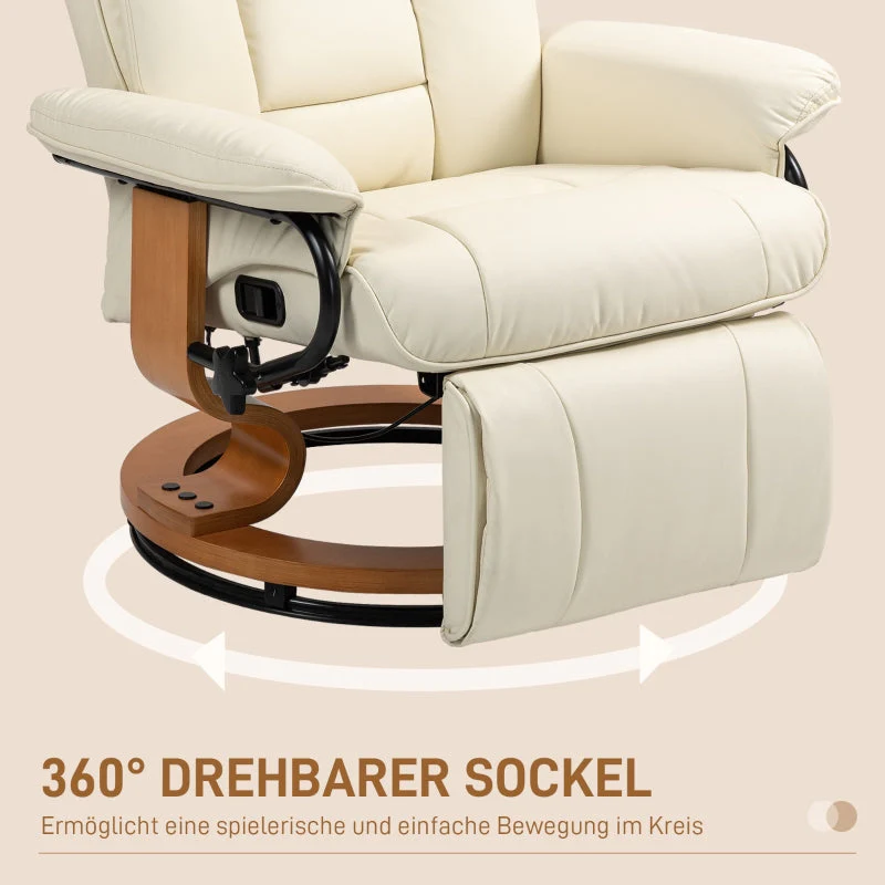Relaxing Chair Swivel TV Chair Reclining Footrest Faux Leather Cream White - Image 6