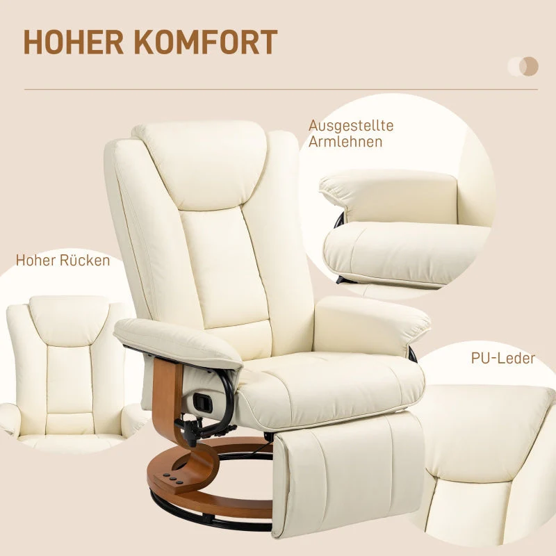Relaxing Chair Swivel TV Chair Reclining Footrest Faux Leather Cream White - Image 7